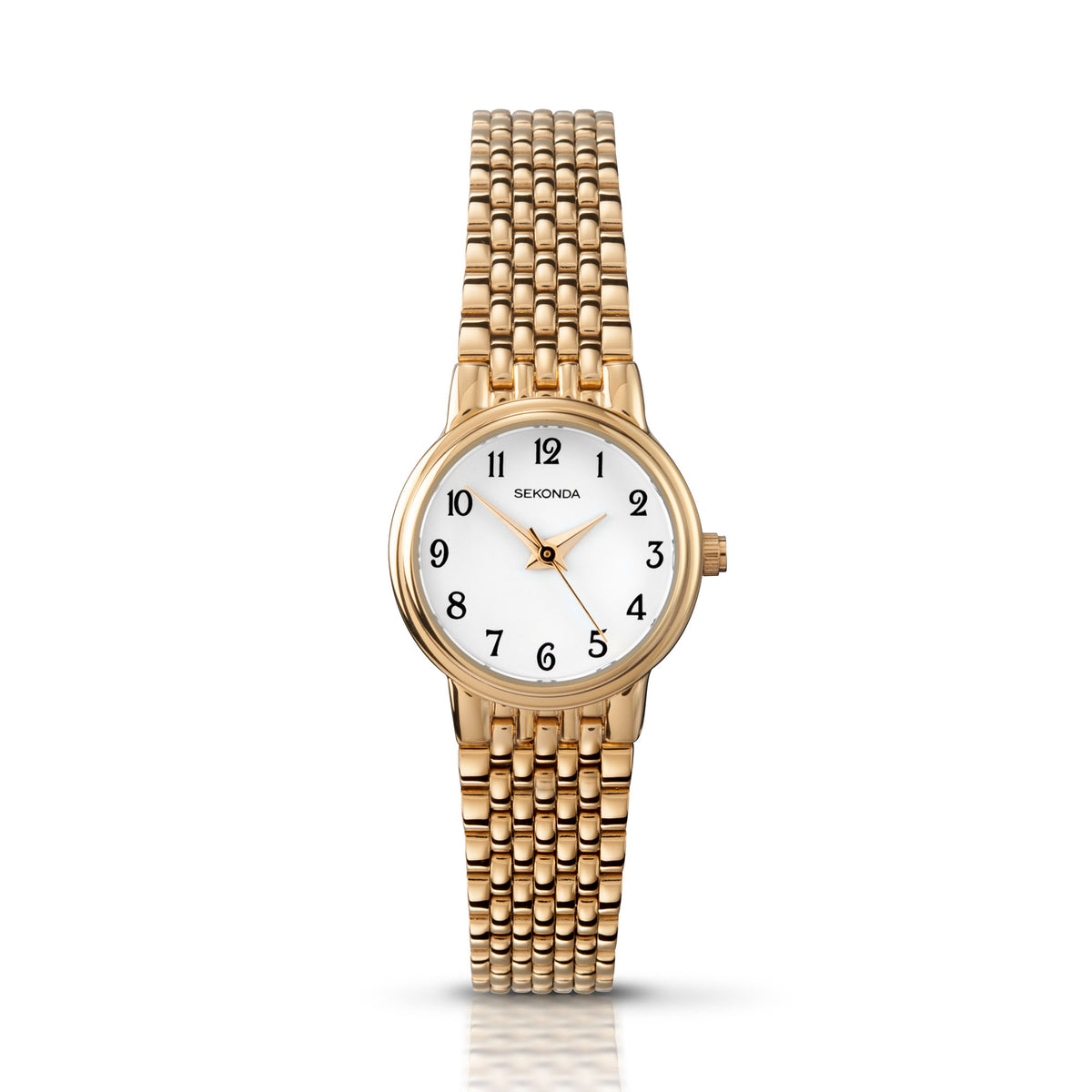 Gold PVD stainless steel bracelet watch for women, white dial, slim bezel, stick hour marks