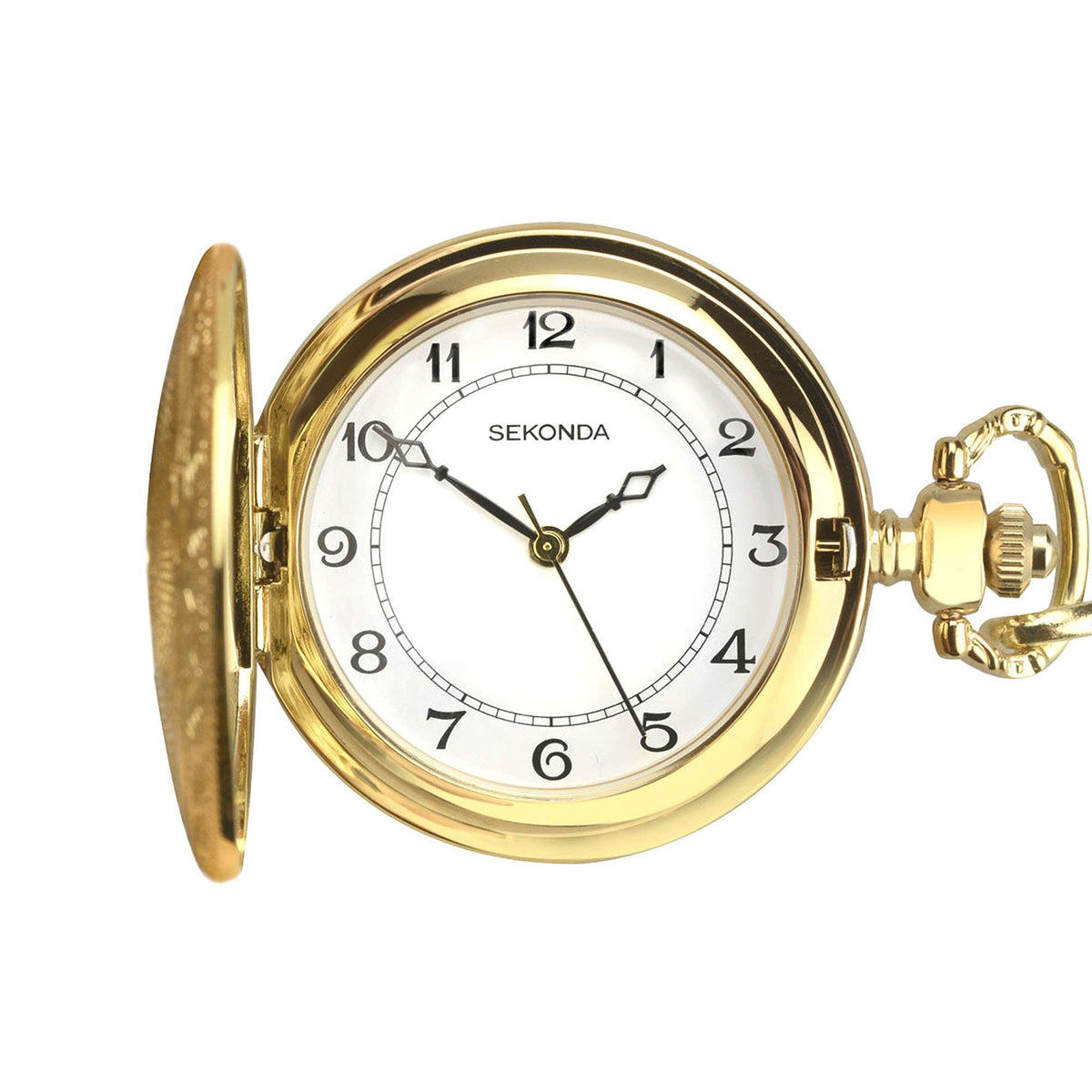 Gold-tone pocket watch front view with white dial, Roman numerals, and crown on side