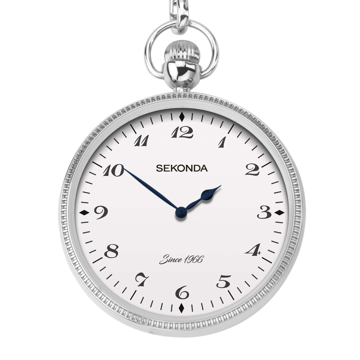 Silver pocket watch on chain, white dial with blue hands and raised rim detail