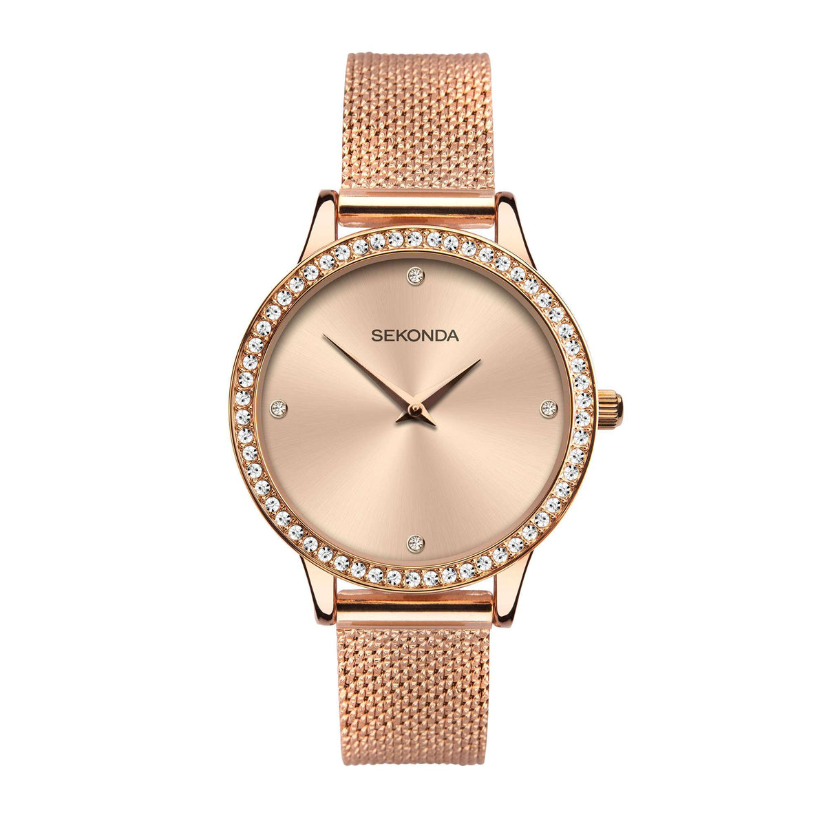 Ladies rose gold watch with mesh bracelet, crystal markers, and silver-toned dial