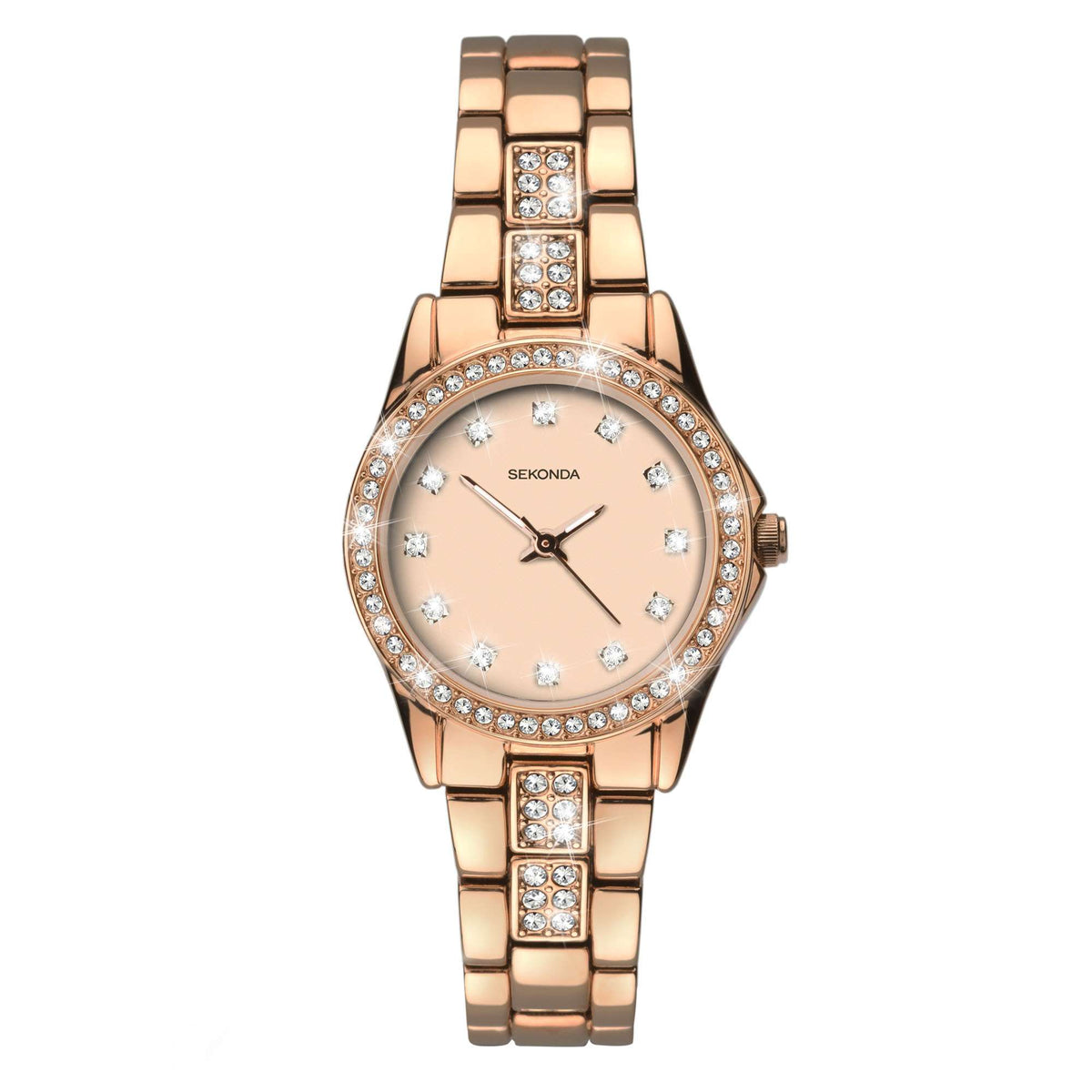 Rose gold PVD style ladies watch, pink dial with starry crystals, on link bracelet.