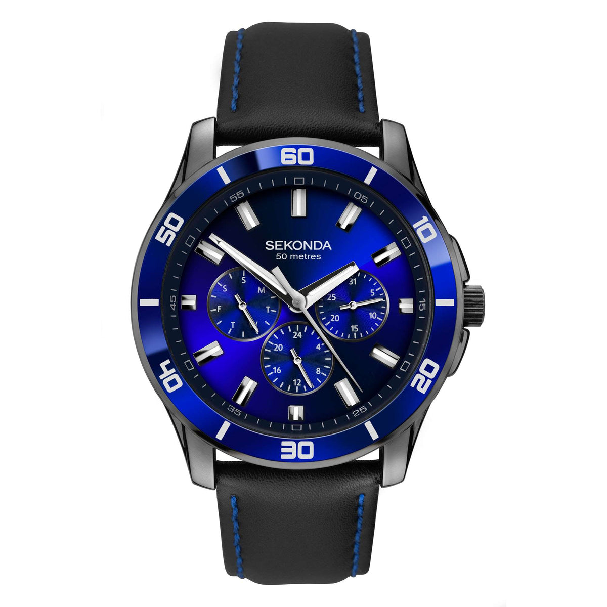 Men’s quartz chronograph-style watch: blue dial, 3 subdials, black leather strap