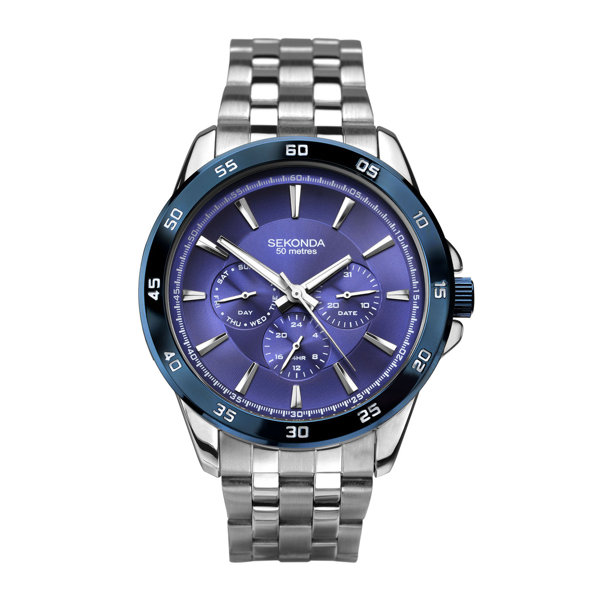 Men's stainless steel bracelet wristwatch with purple dial, subdials, and date window