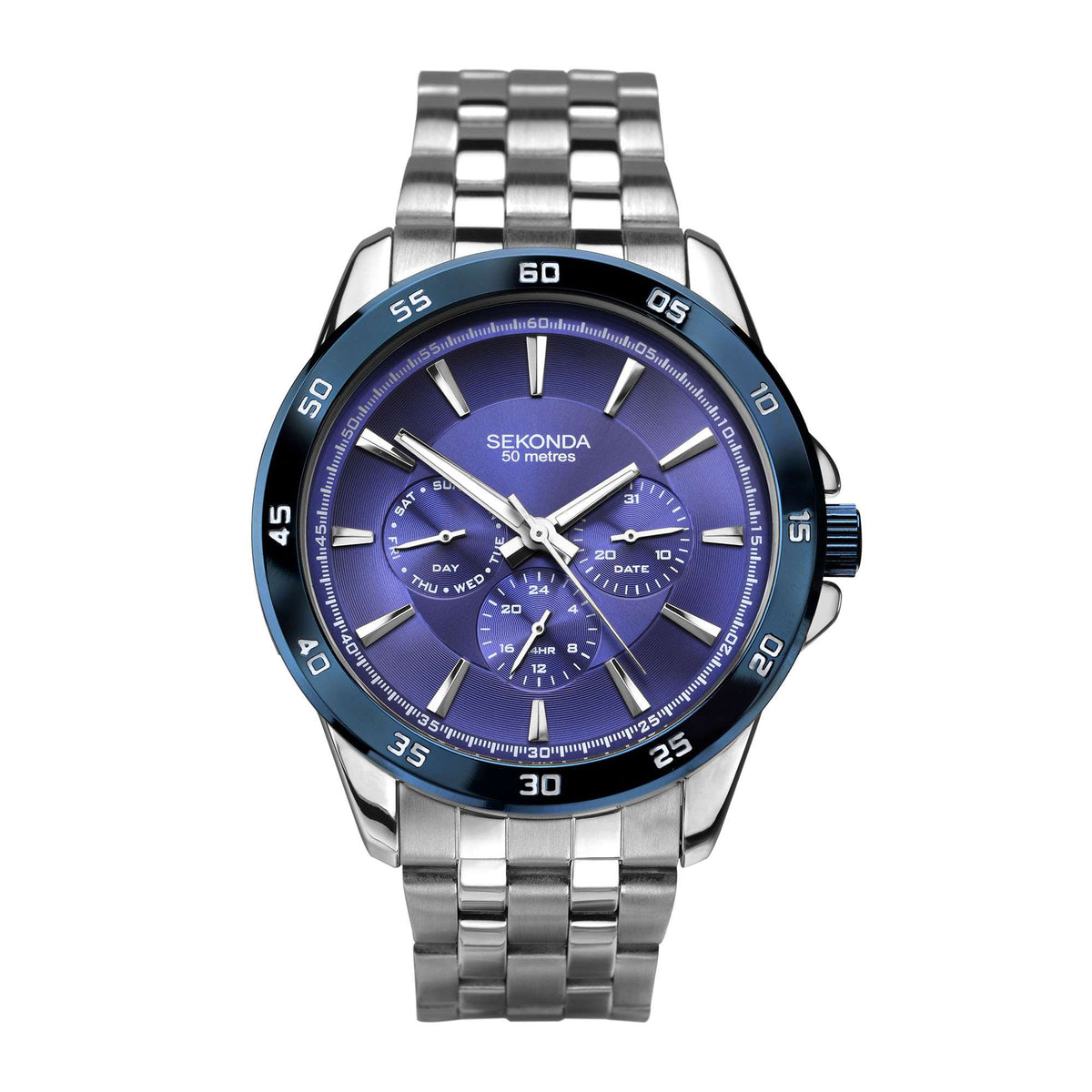 Men's stainless steel bracelet watch featuring a purple dial with luminous-style hour markers