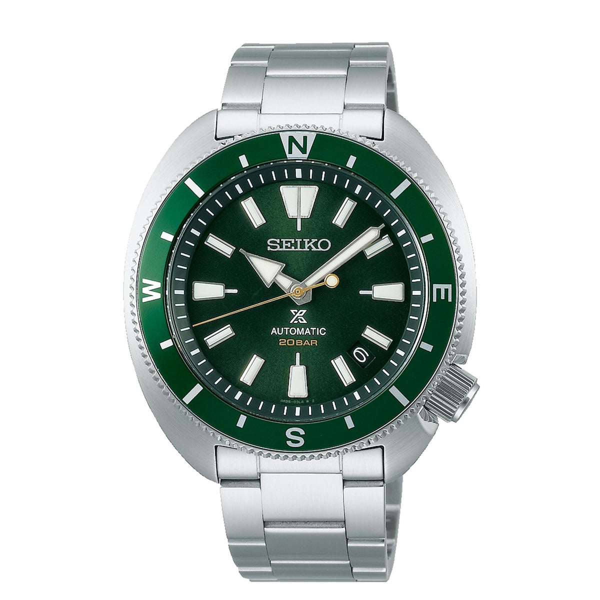 Men's steel automatic watch, green dial, link bracelet, knurled bezel—centered front
