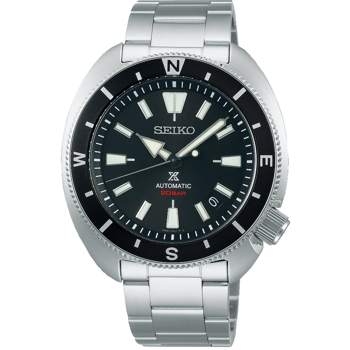 Men's stainless steel automatic watch with black dial, black bezel, and date window