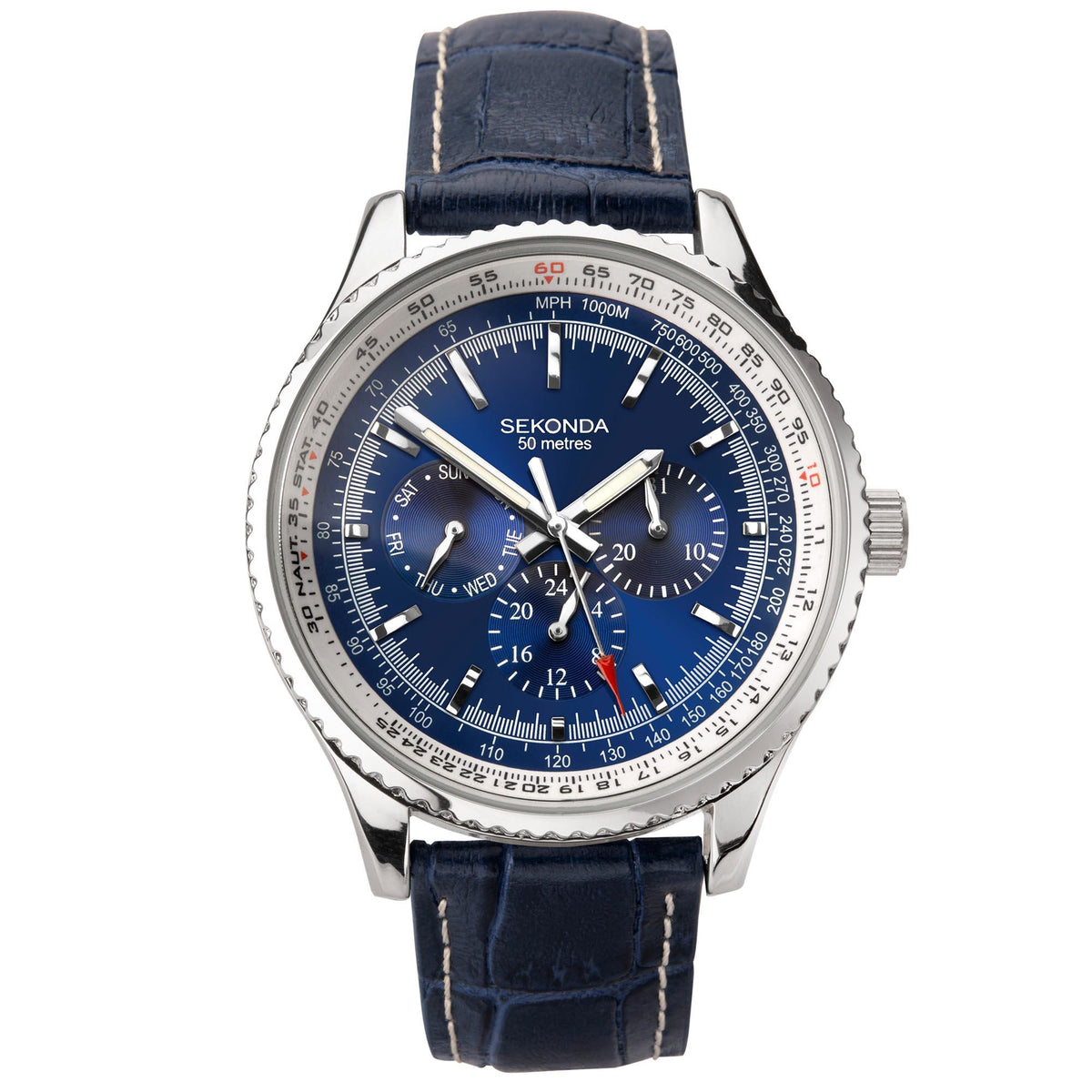 Men's quartz watch with blue dial and blue leather strap, silver bezel with tachymeter markings