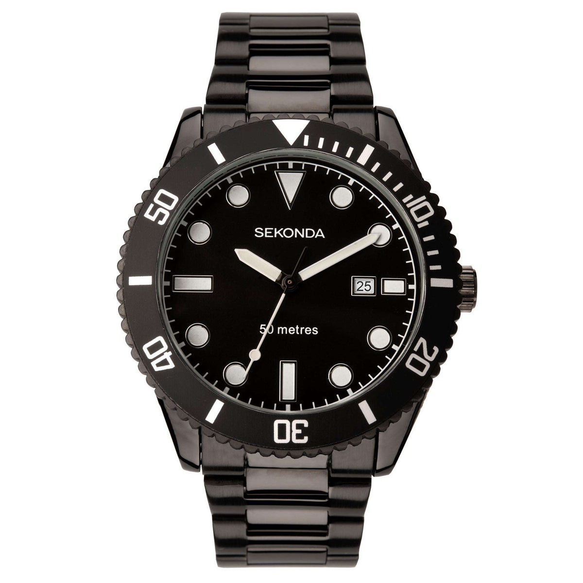 Men's black dial sports quartz watch with black stainless bracelet, full front view