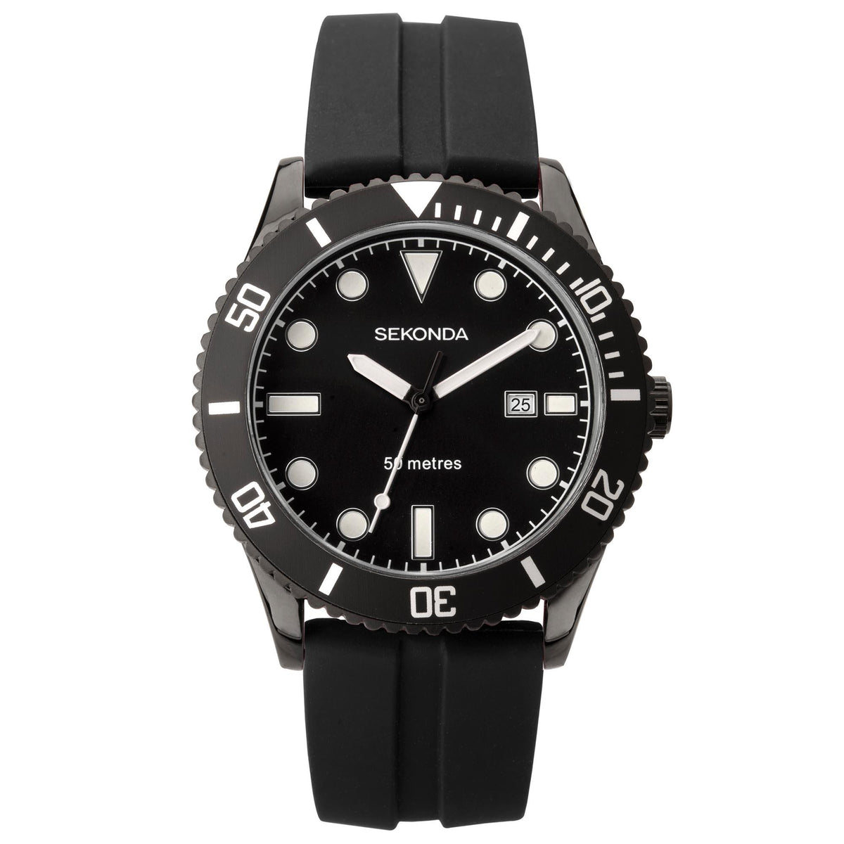 Men's black dive-style quartz watch with black dial, bezel, and rubber strap