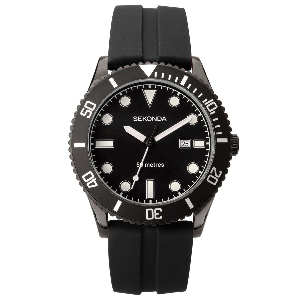 Men's black dial dive watch with triangular hour marker and rubber strap
