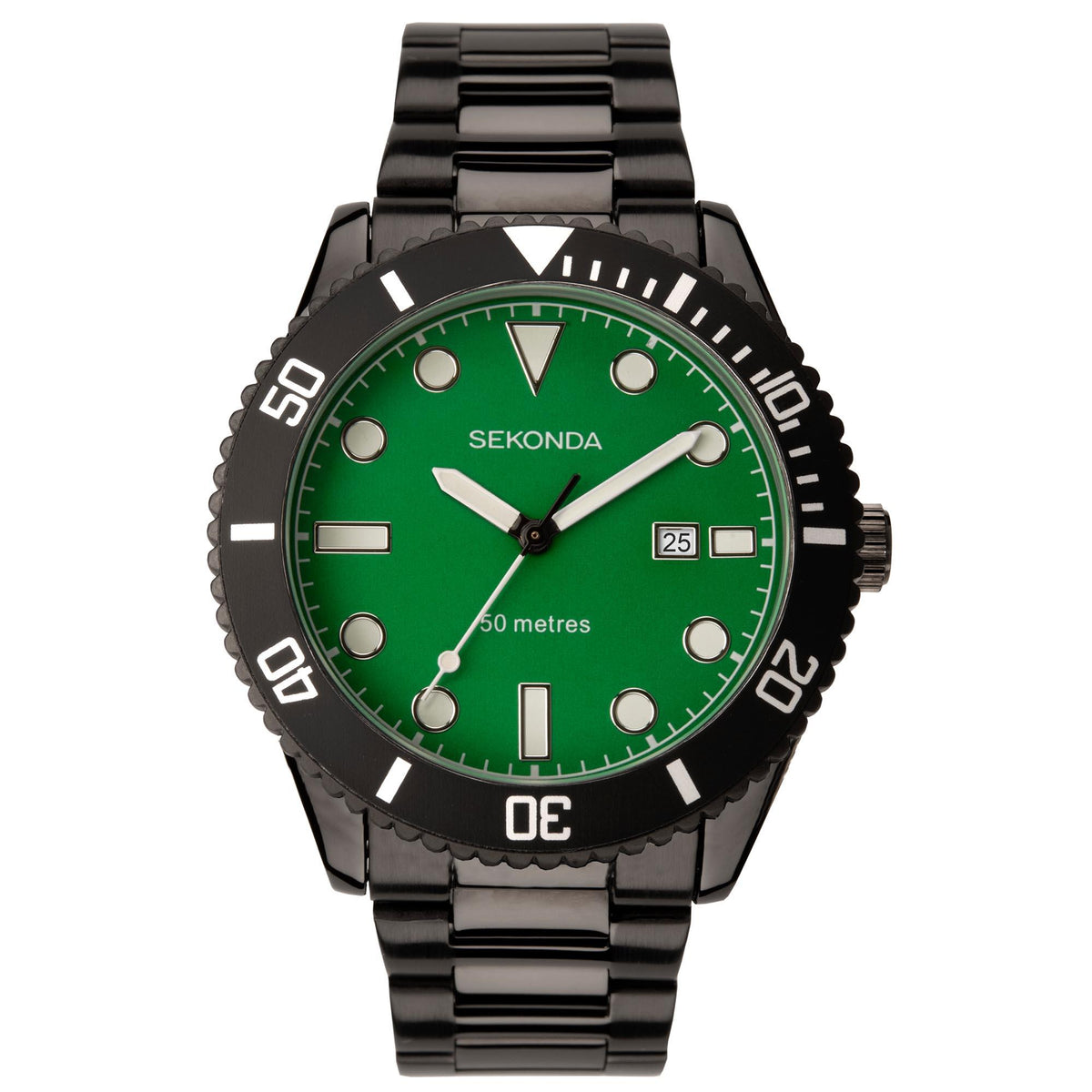 Men's Sekonda dive-style watch with green dial, black bracelet, '50 metres' text and date window