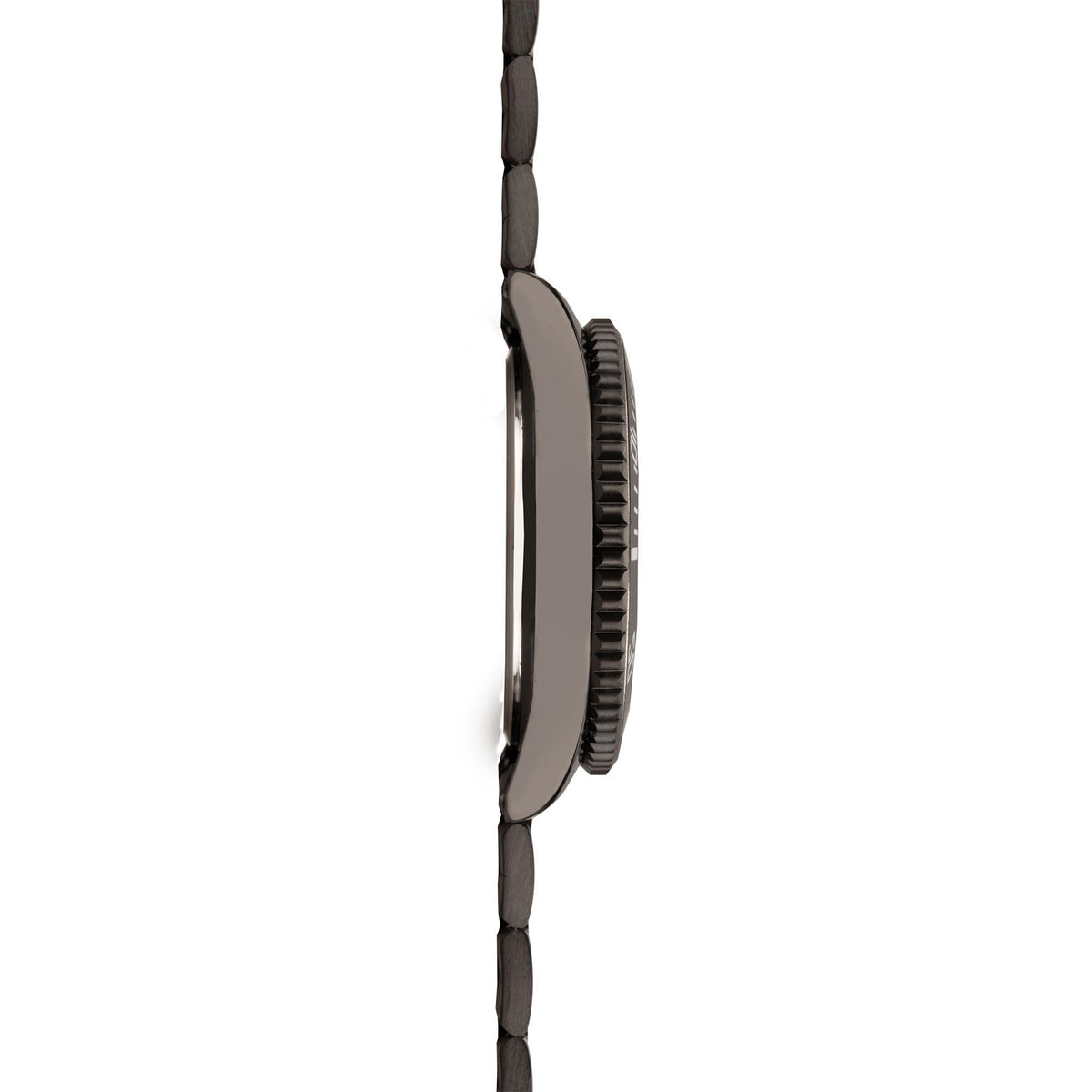 Black dive-style watch side profile with polished bezel rim and crown
