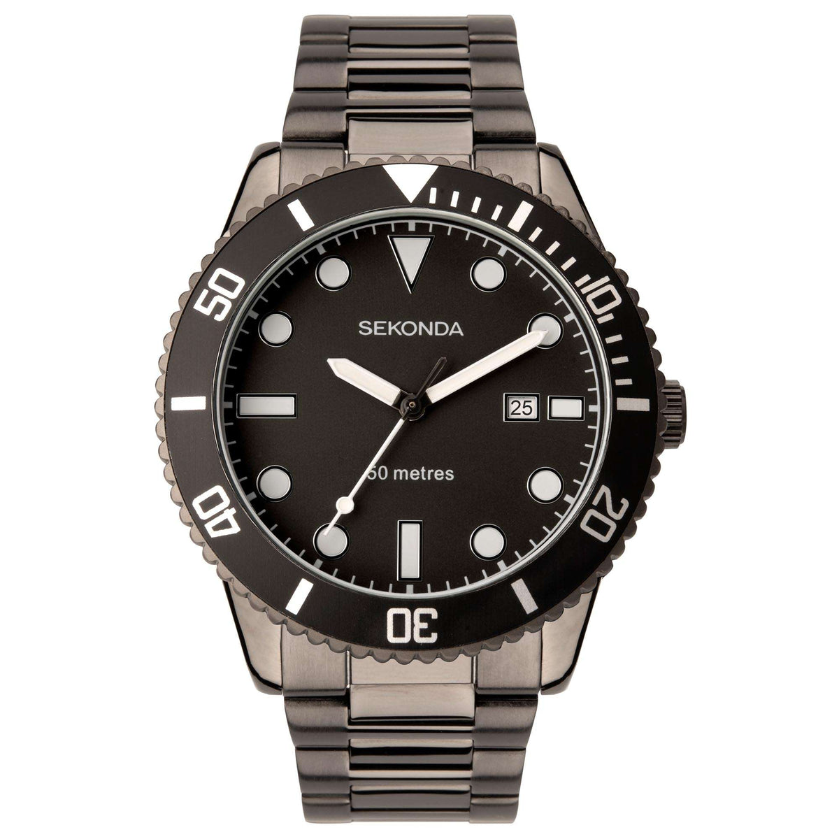 Men's stainless steel bracelet watch, black dial with triangular marker and date window