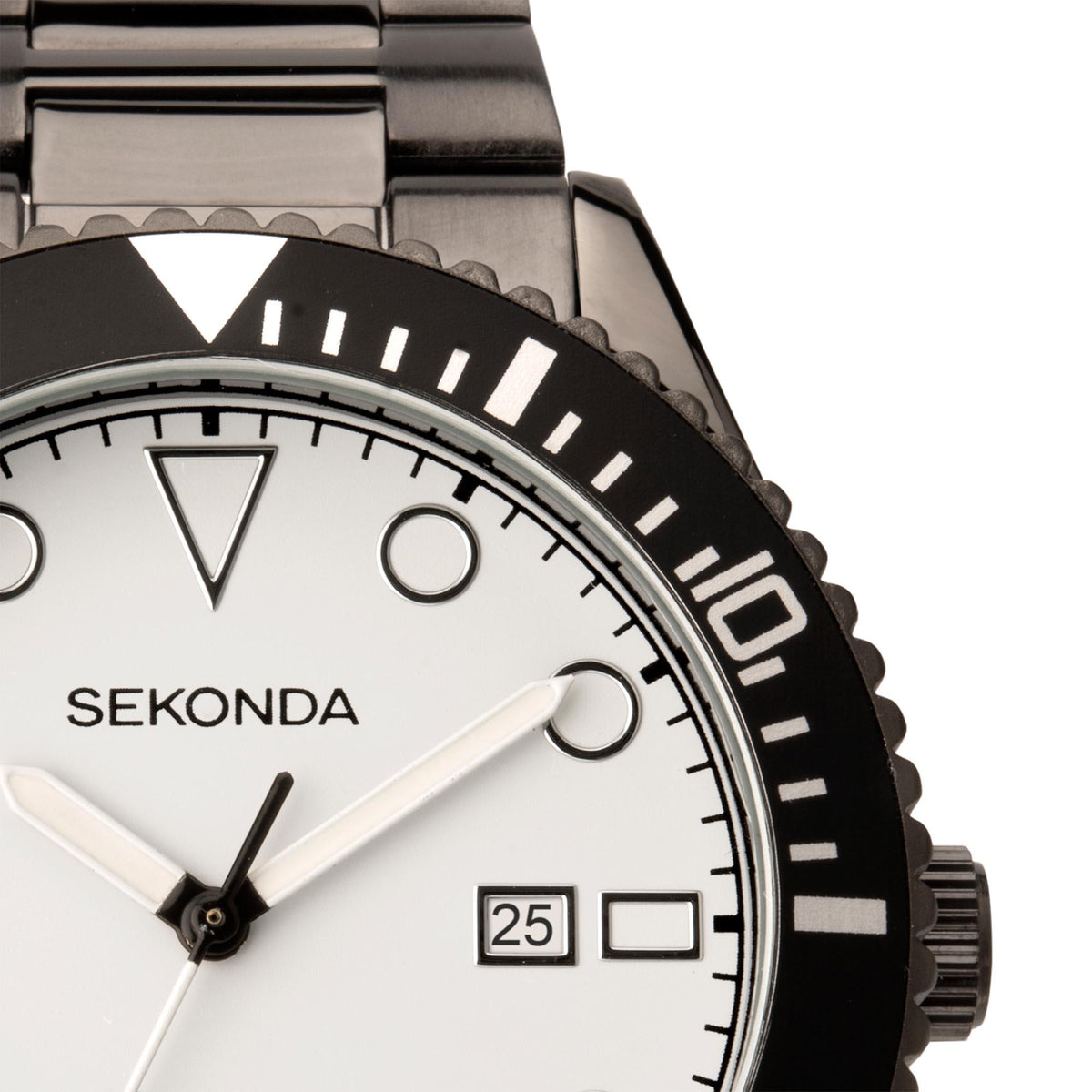 Men's gun metal grey steel sports watch with white dial, black bezel and date window