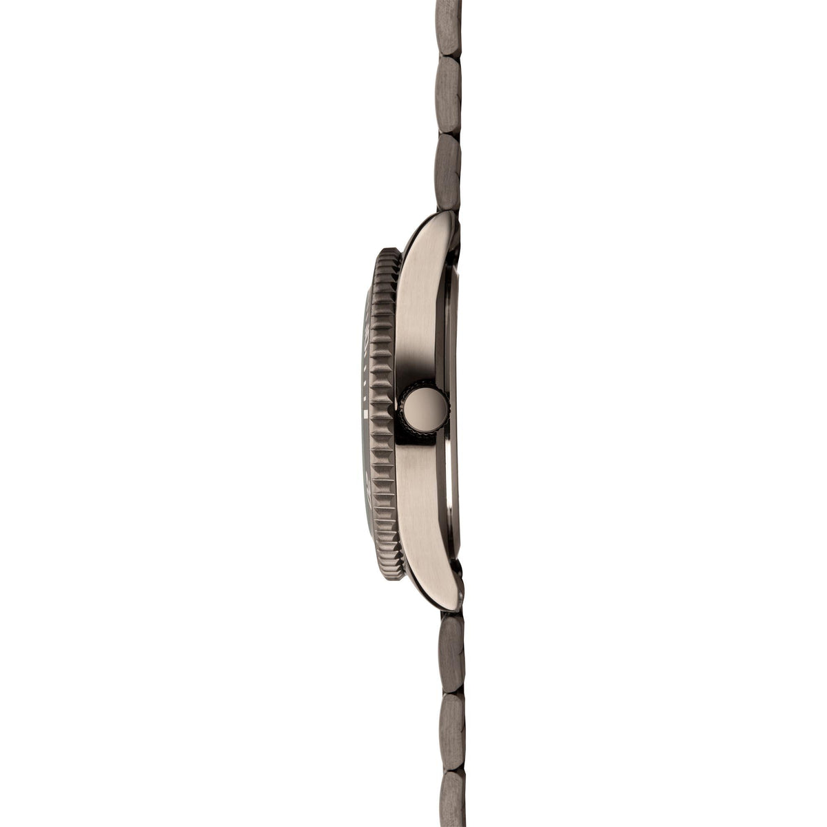 Men's gun metal grey steel watch case on link bracelet, ridged bezel edge and crown