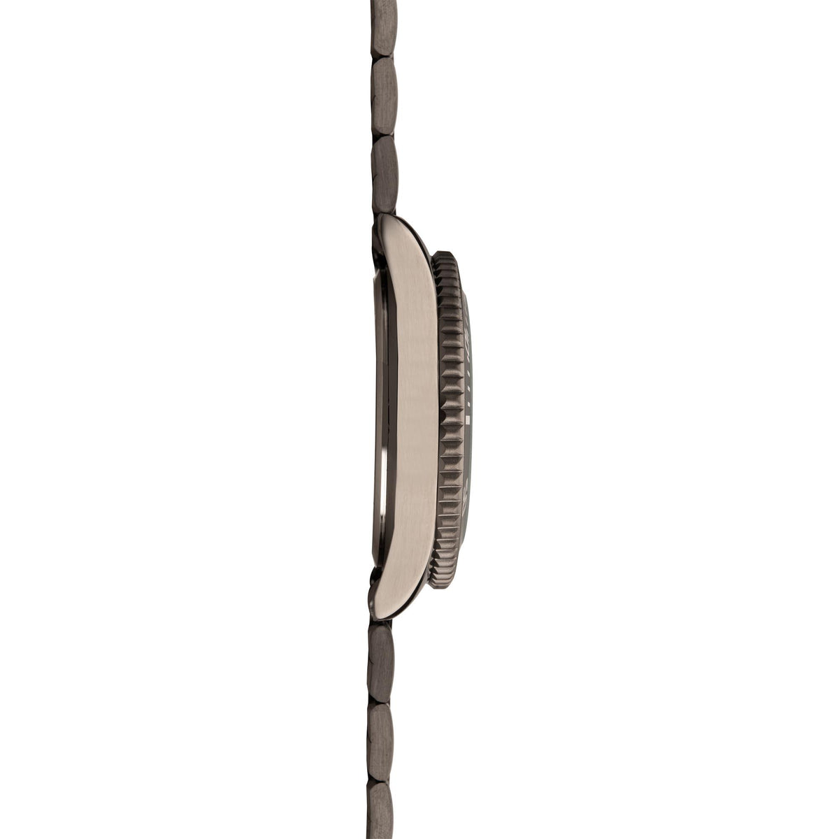 Men's gun metal grey steel watch on link bracelet, side view of case and bezel