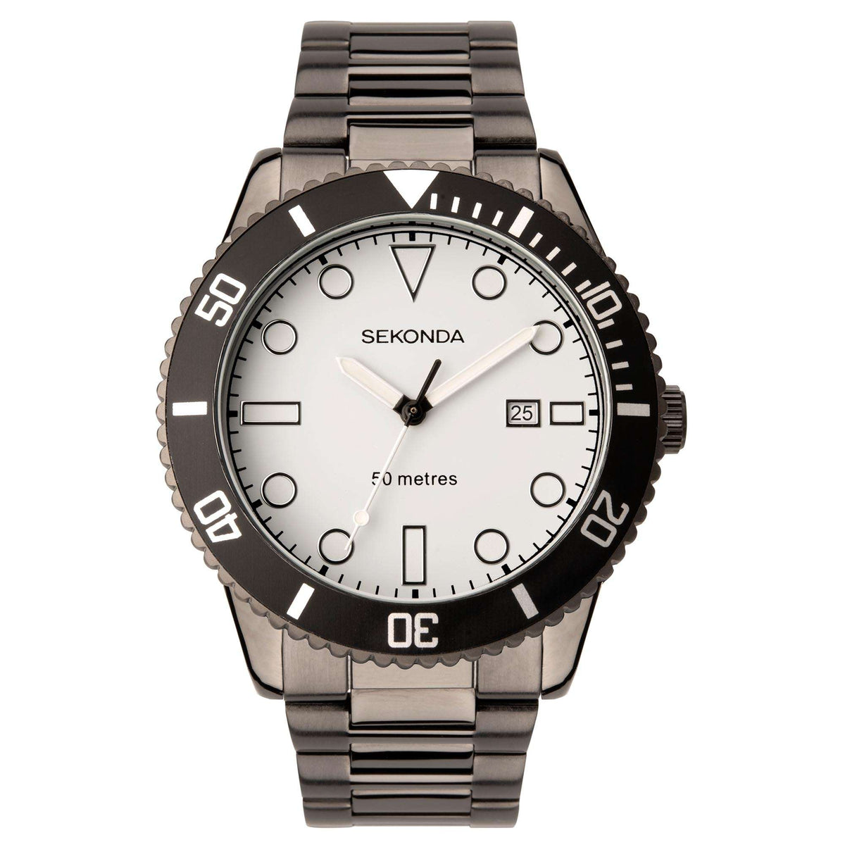 Men's quartz sports watch with white dial, round indices, date window, and gun metal bracelet.