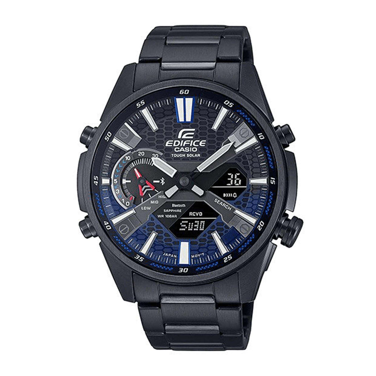 Men's black metal bracelet watch with black dial, blue accents, side buttons