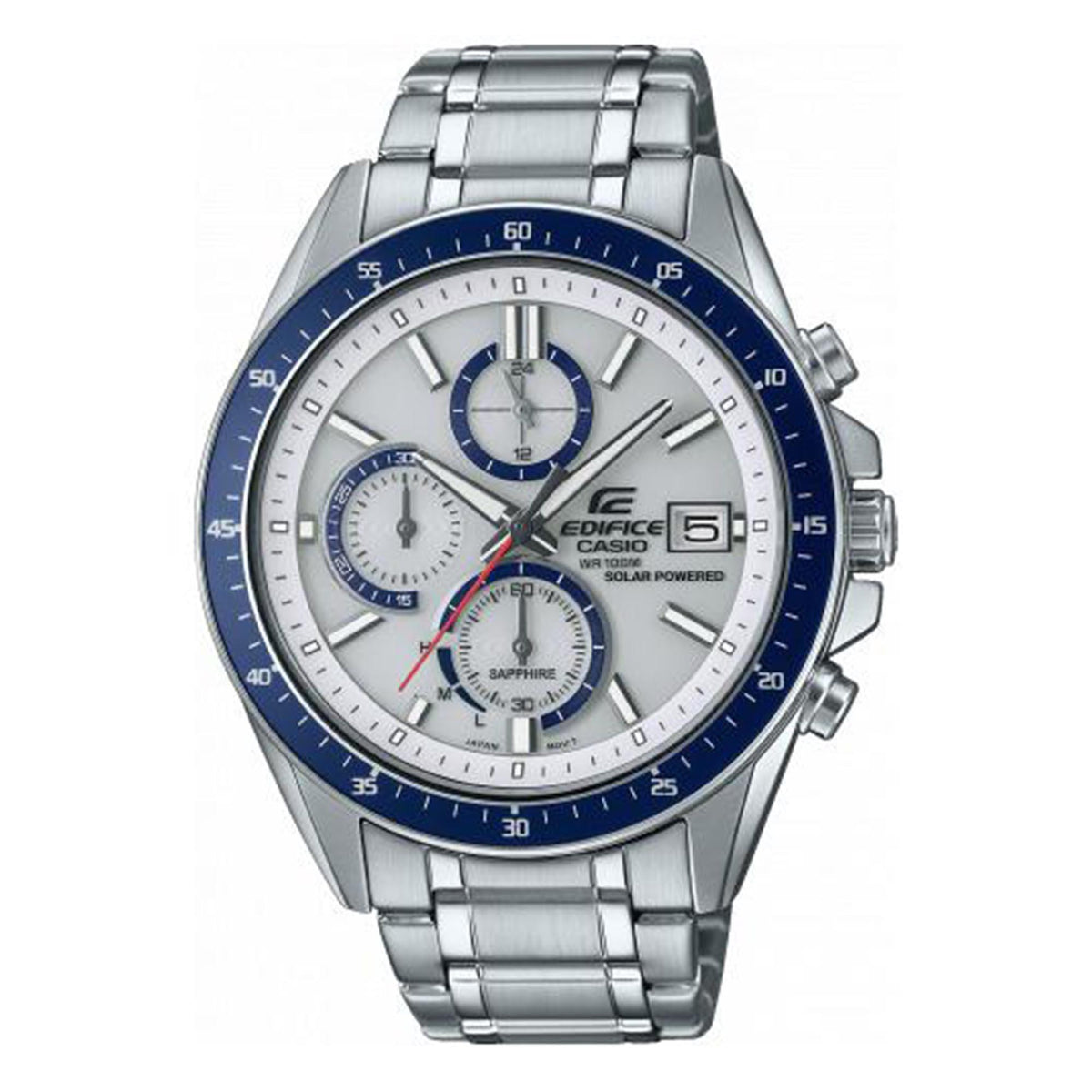 Men's steel bracelet chronograph watch, white dial, blue bezel, subdials