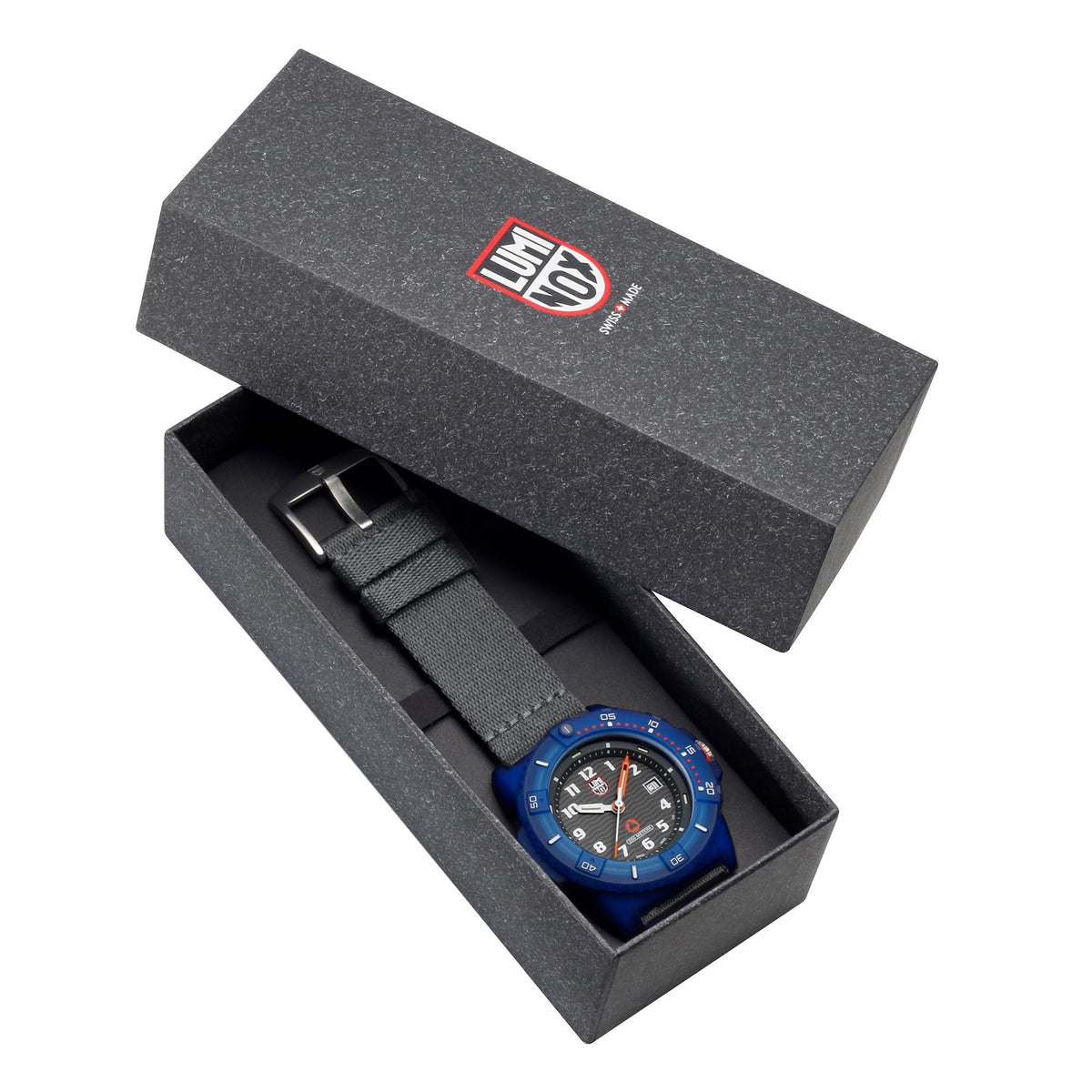 Men's quartz watch in gray gift box, blue dial with multi-color markers and nylon strap.