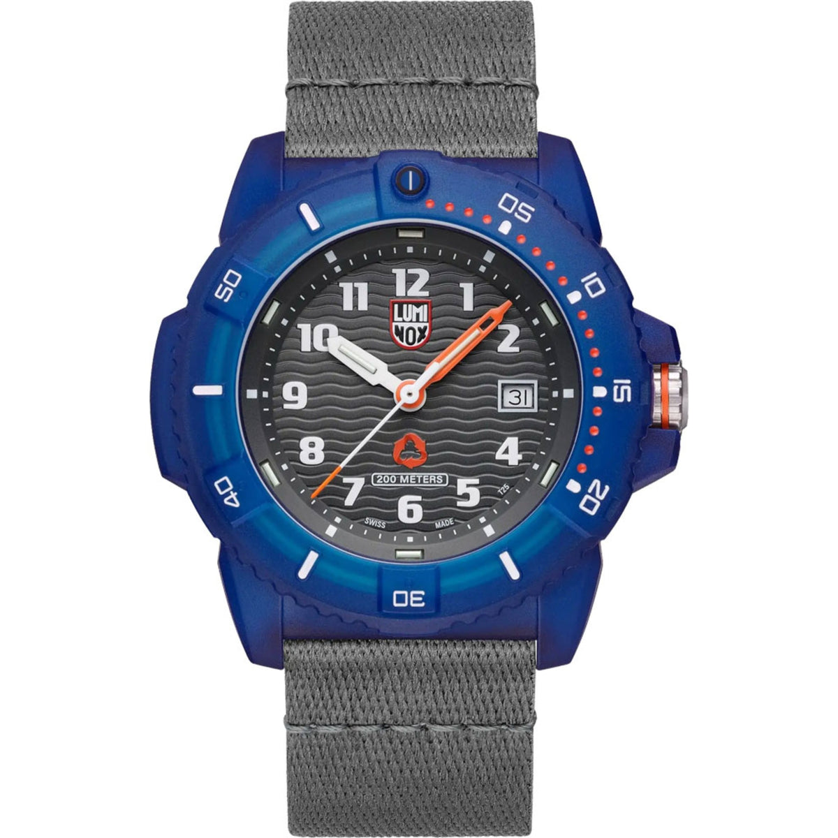 Men's Luminox sport watch with black dial, orange hands, grey nylon strap, blue bezel