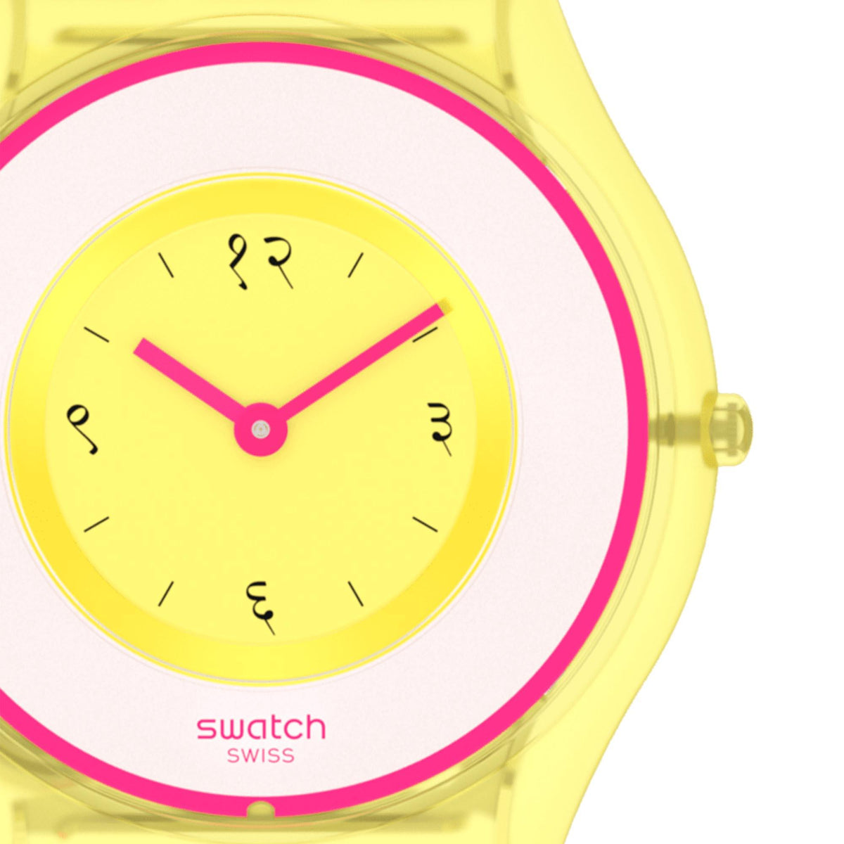 Quartz ladies watch with yellow dial, pink hands and markers, yellow silicone strap