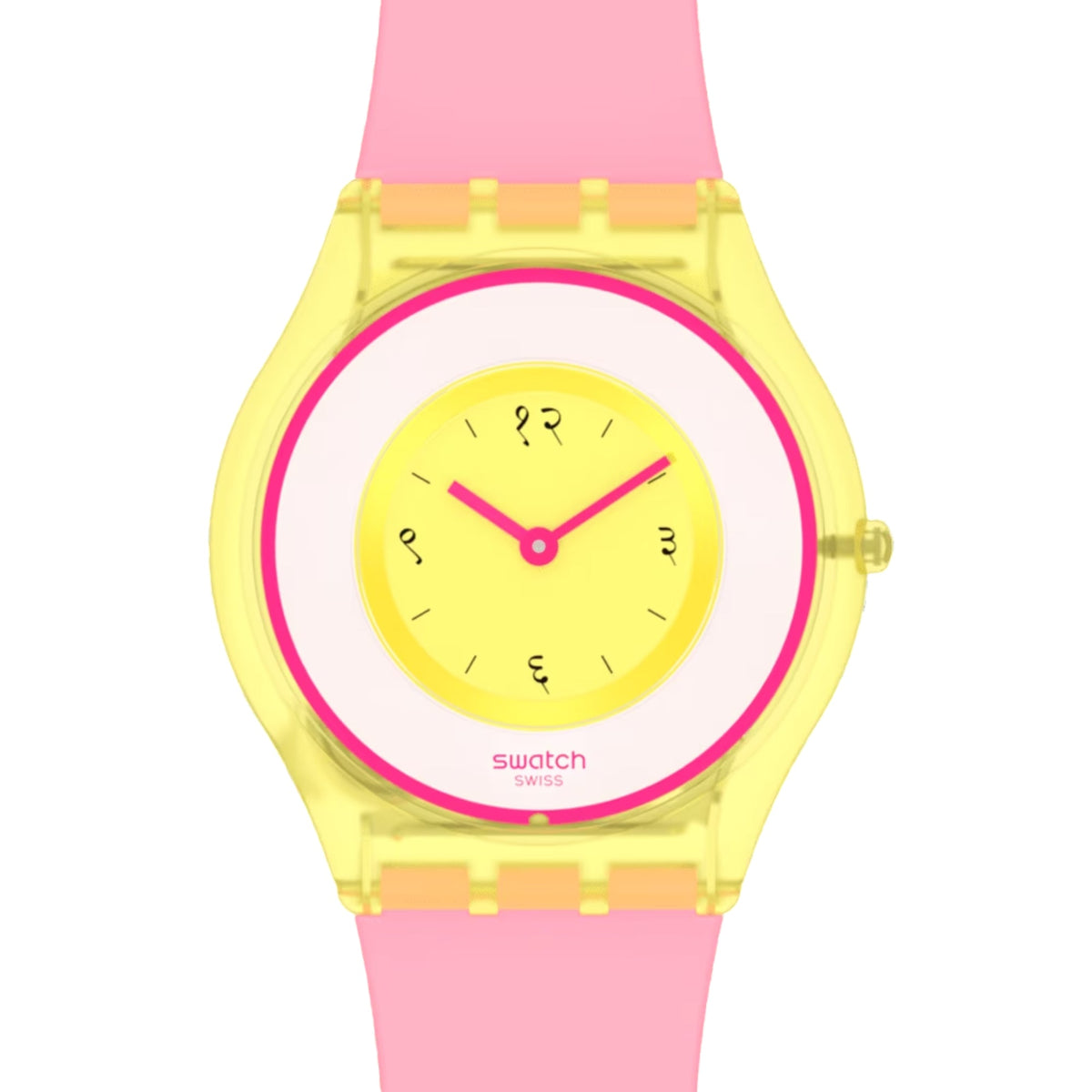 Ladies quartz watch with yellow dial, pink bezel ring, pink silicone strap, close-up