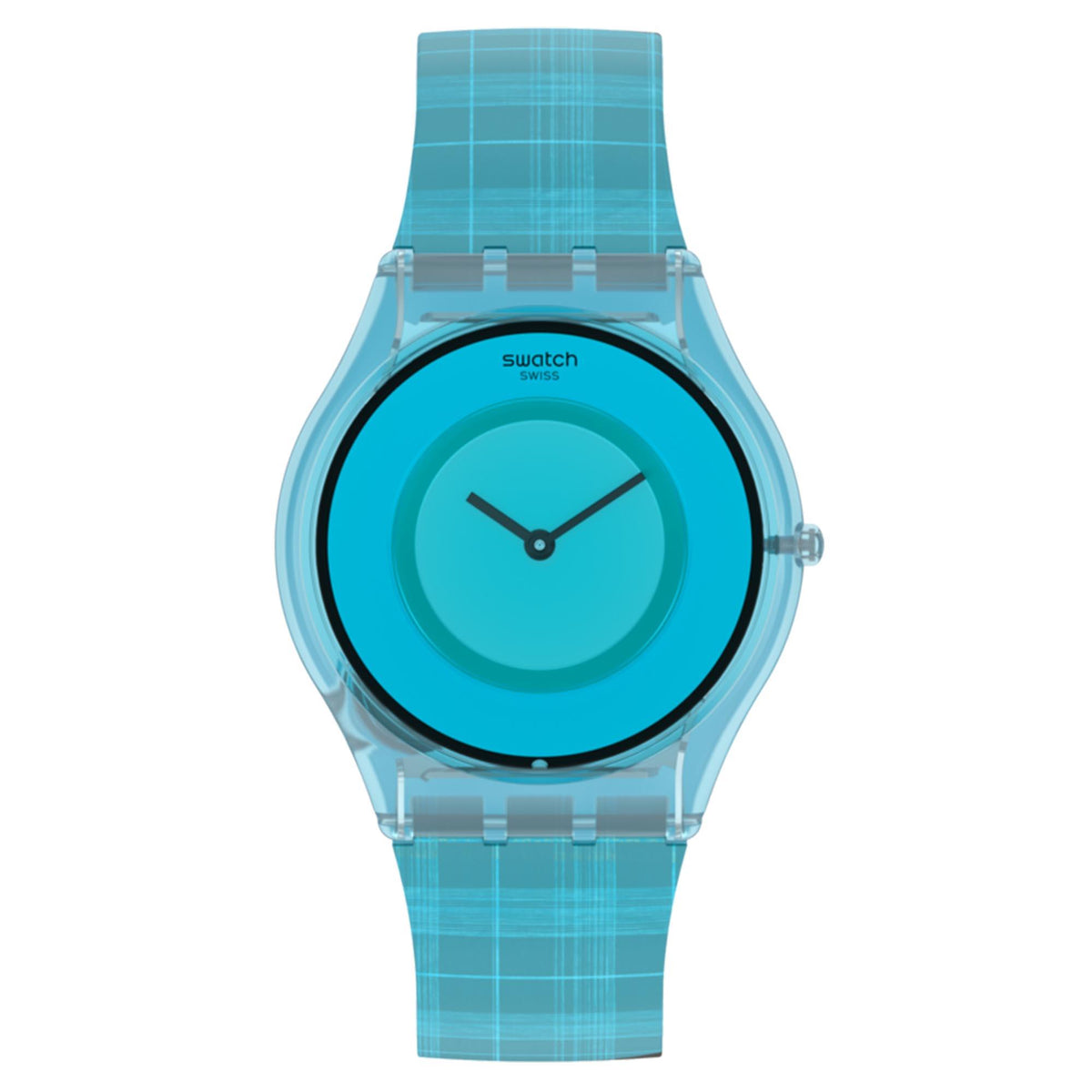 Swatch quartz watch with teal silicone strap and teal-blue dial with three hands.