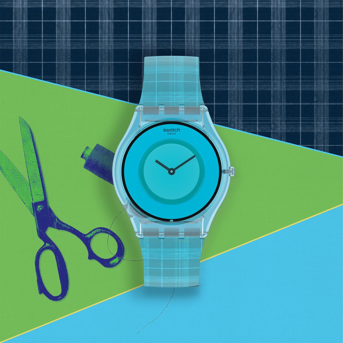 Swatch quartz watch centered view with teal silicone strap and teal-blue dial.