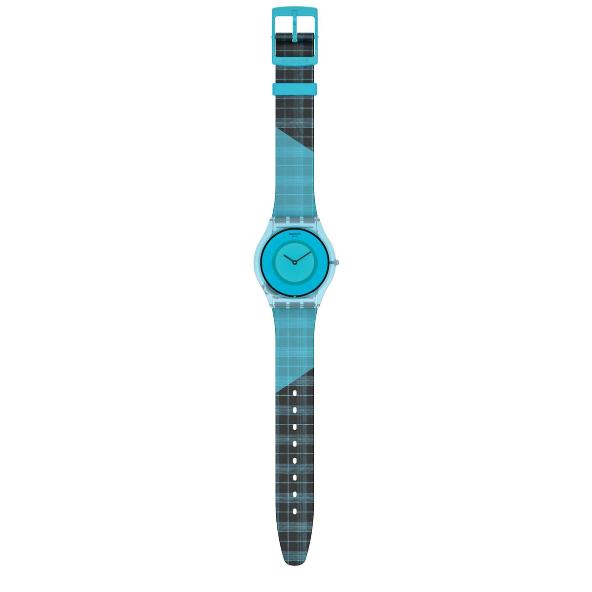 Swatch quartz watch side profile with teal silicone strap and blue dial.