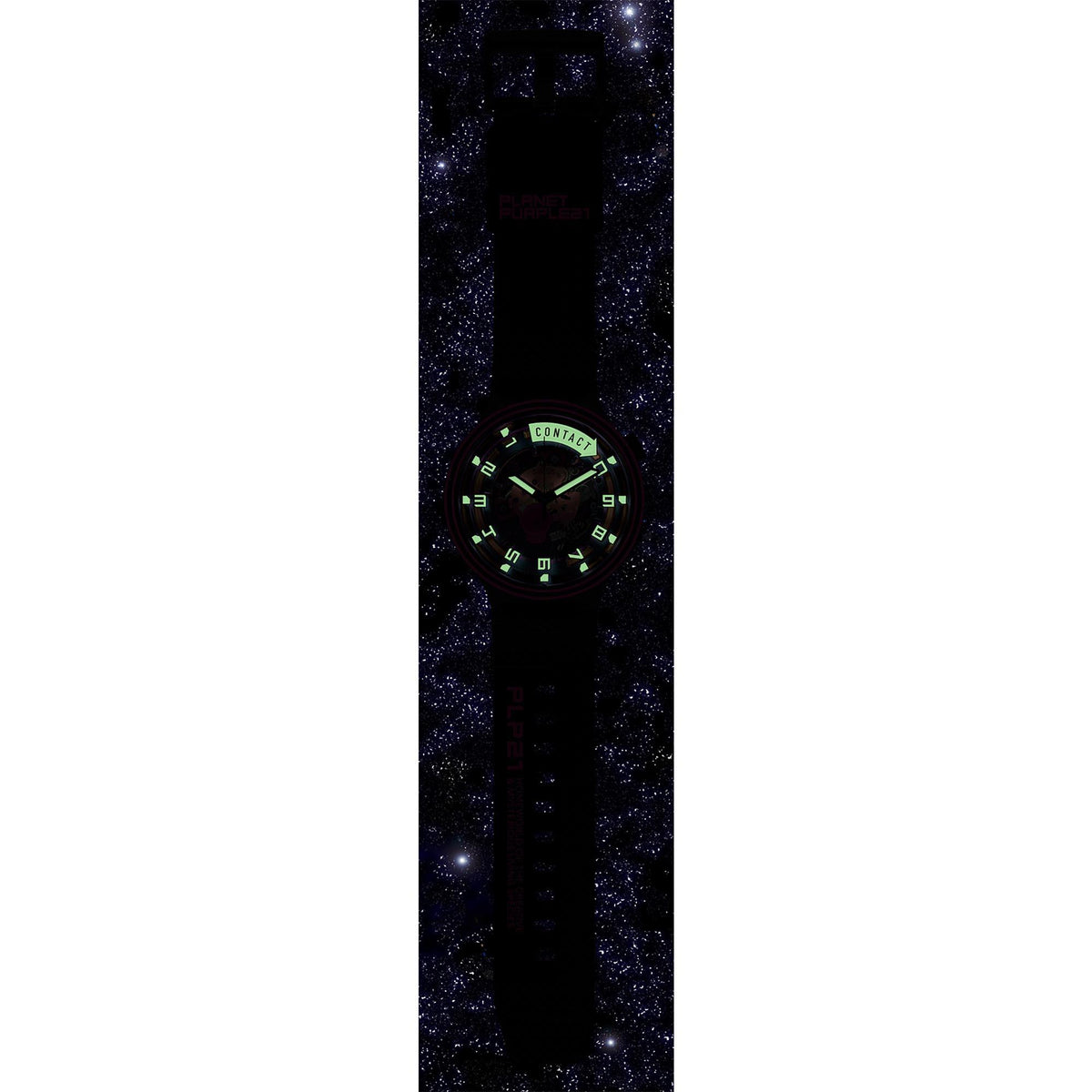 Watch with dark dial and green light accents on black silicone strap