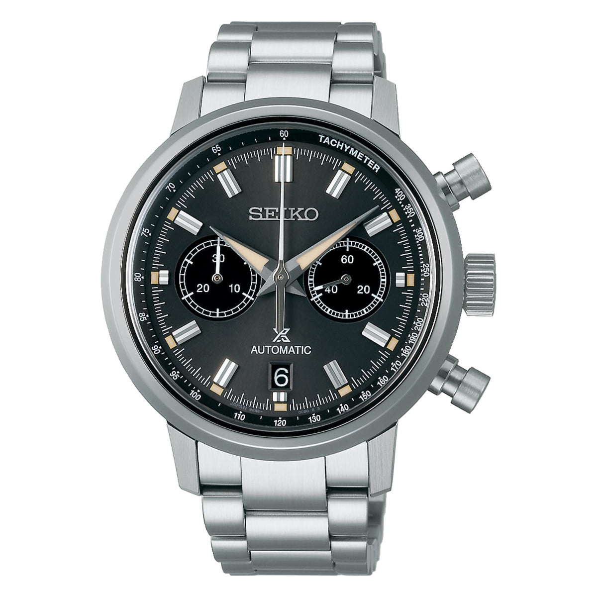 Automatic chronograph watch with black dial, tachymeter bezel, and steel bracelet