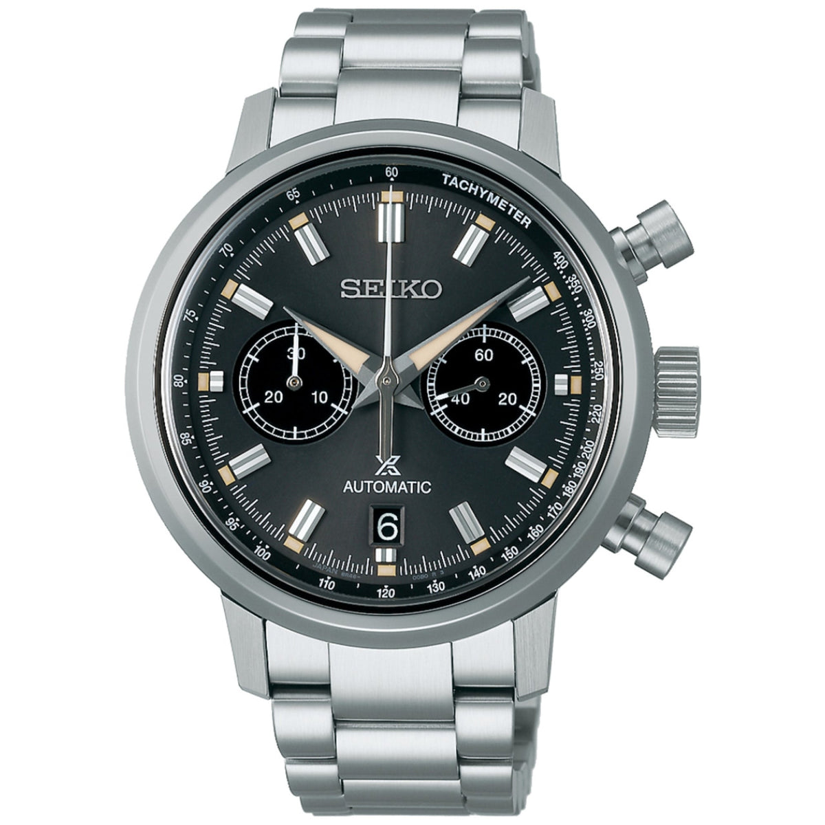 Automatic chronograph watch with black dial and stainless steel bracelet, side pushers