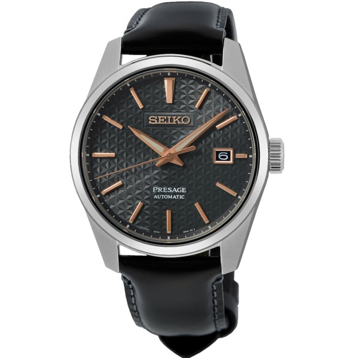 Men's automatic watch with black textured dial, rose-gold hands, black leather strap