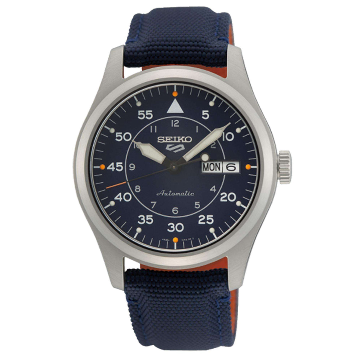 Men's pilot watch with blue dial and blue NATO strap, silver case and crown