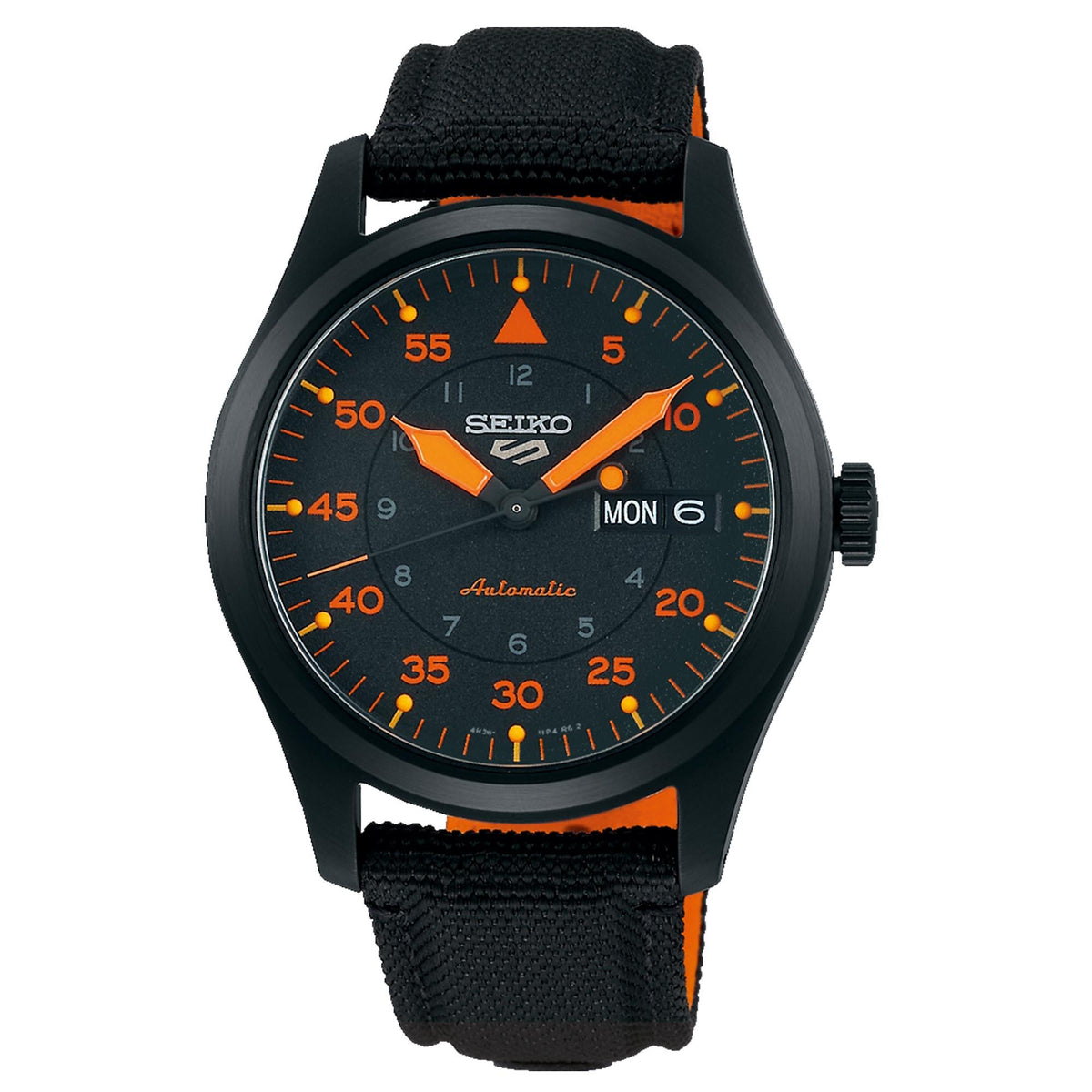 Men's automatic pilot watch, black case and black-orange dial, black canvas strap