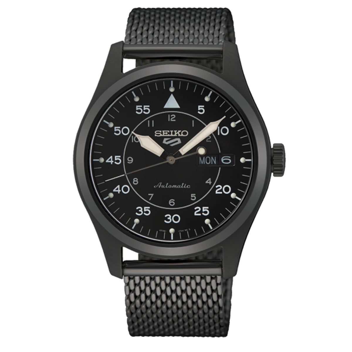 Black Seiko watch with mesh band on a white background