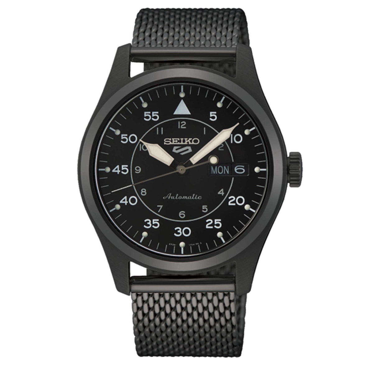 Black Seiko watch with mesh band on a white background
