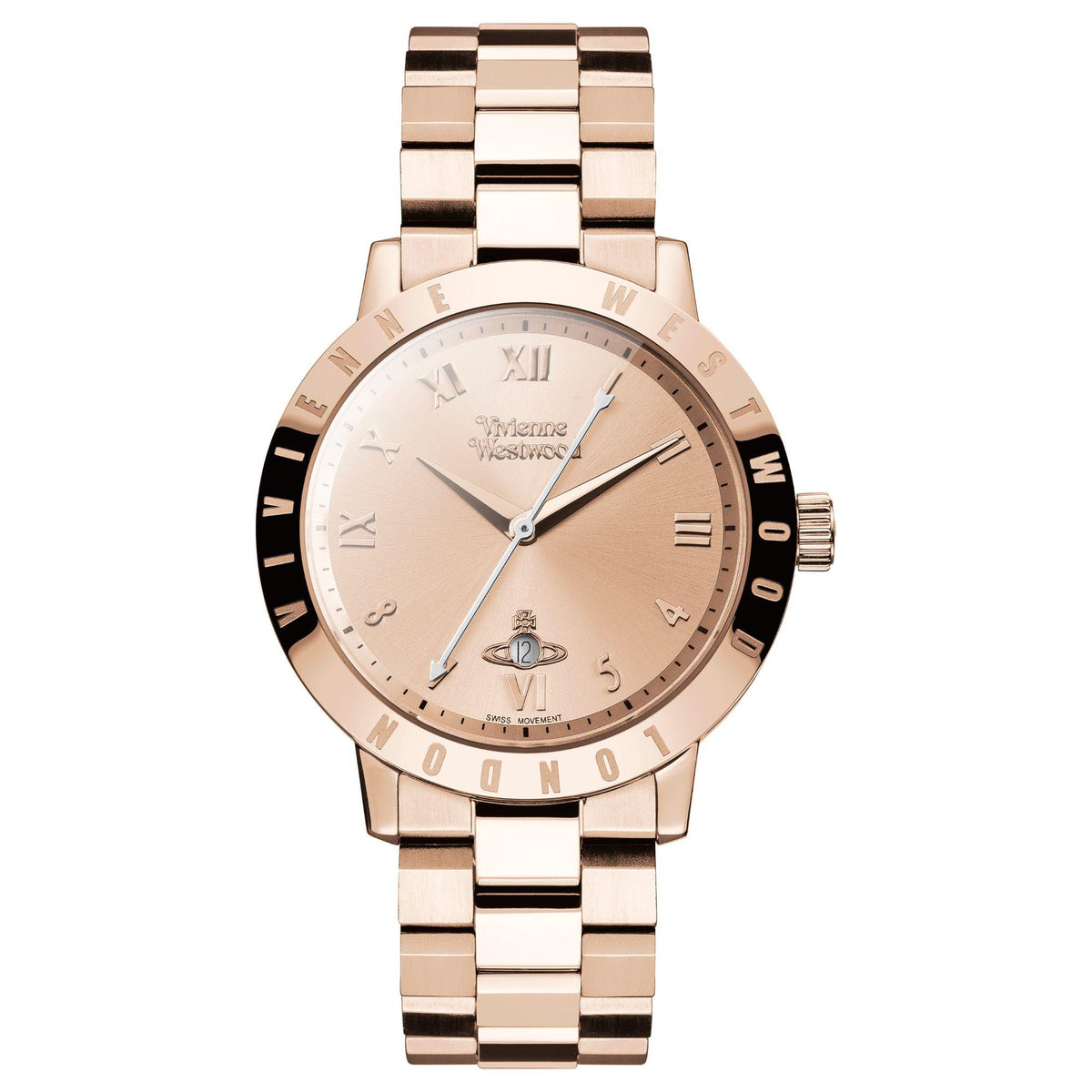 Rose gold steel quartz wristwatch, cream dial with Roman numerals and date window at 6
