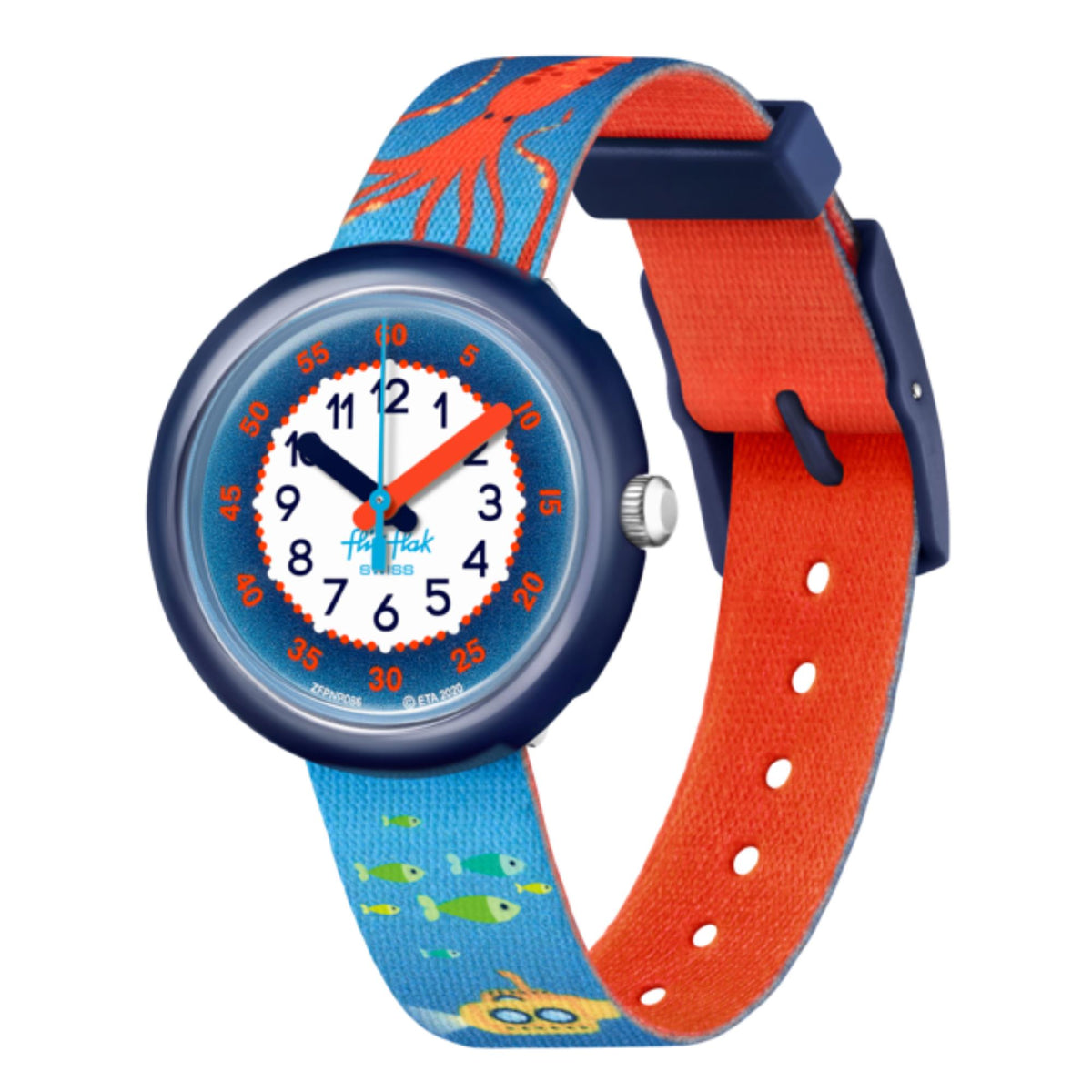Children's wristwatch with navy case and orange-and-blue fabric strap with buckle