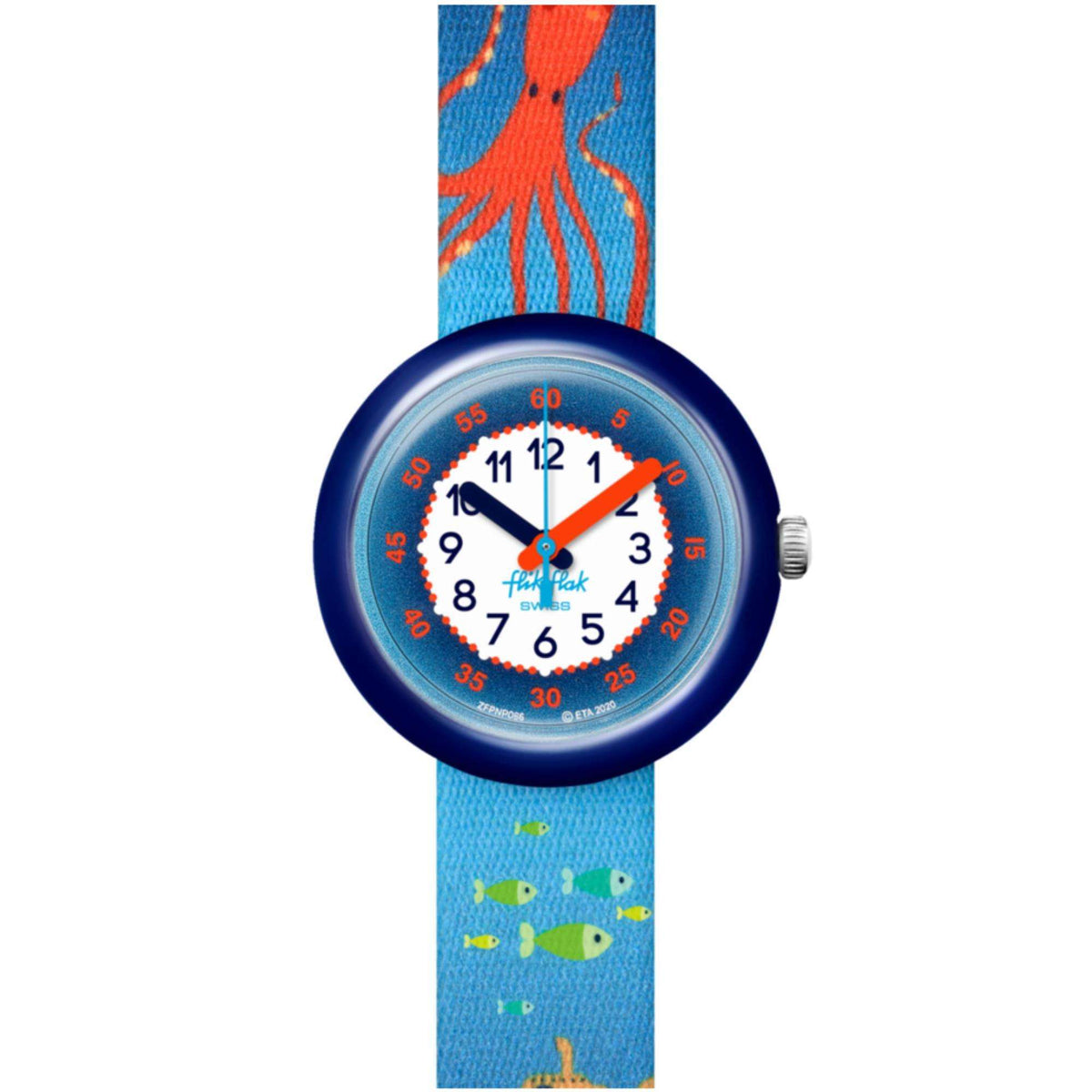 Children's wristwatch featuring a blue dial, navy case, and colorful ocean-themed strap