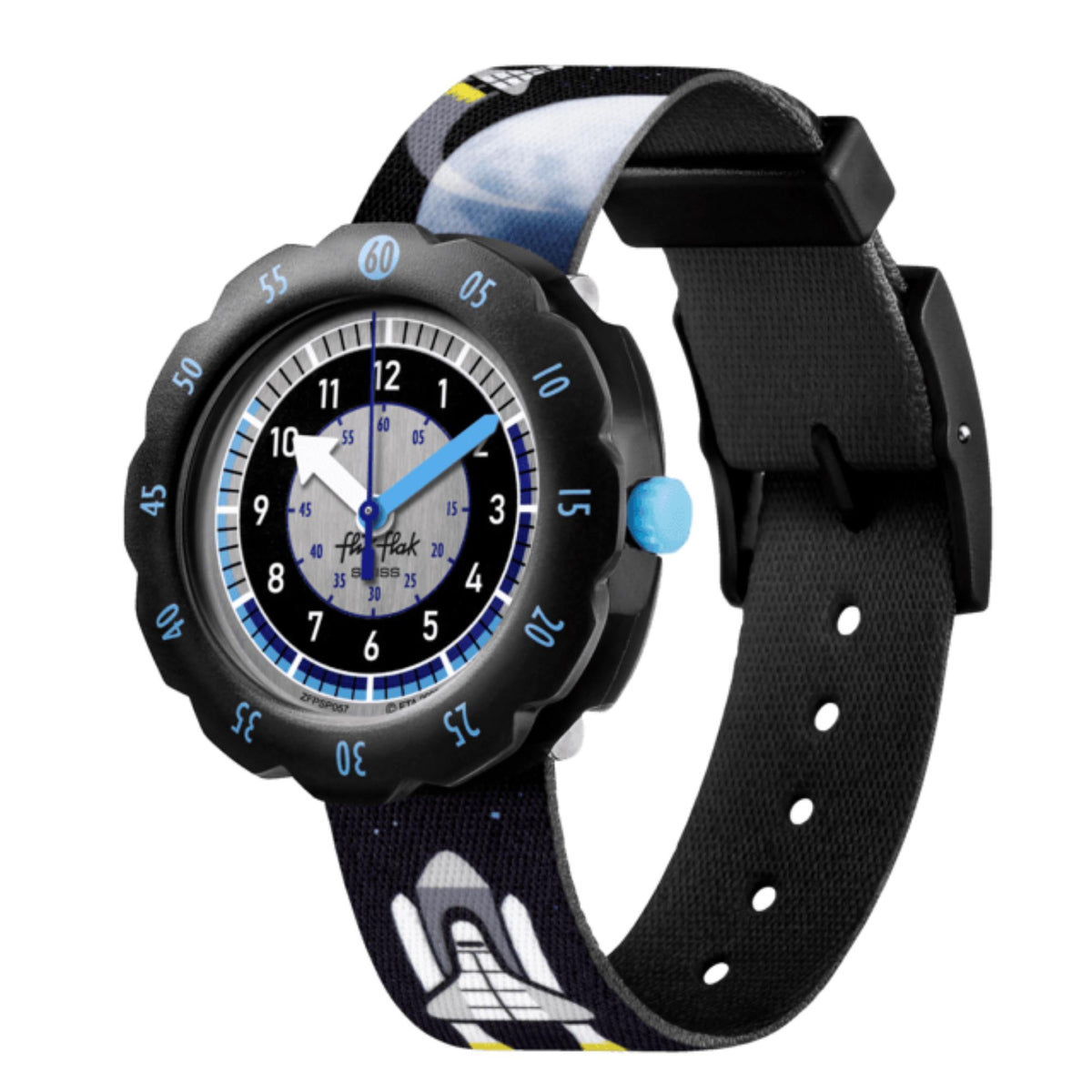 Flik Flak kids watch, black buckle strap, blue-accent two-tone dial close-up