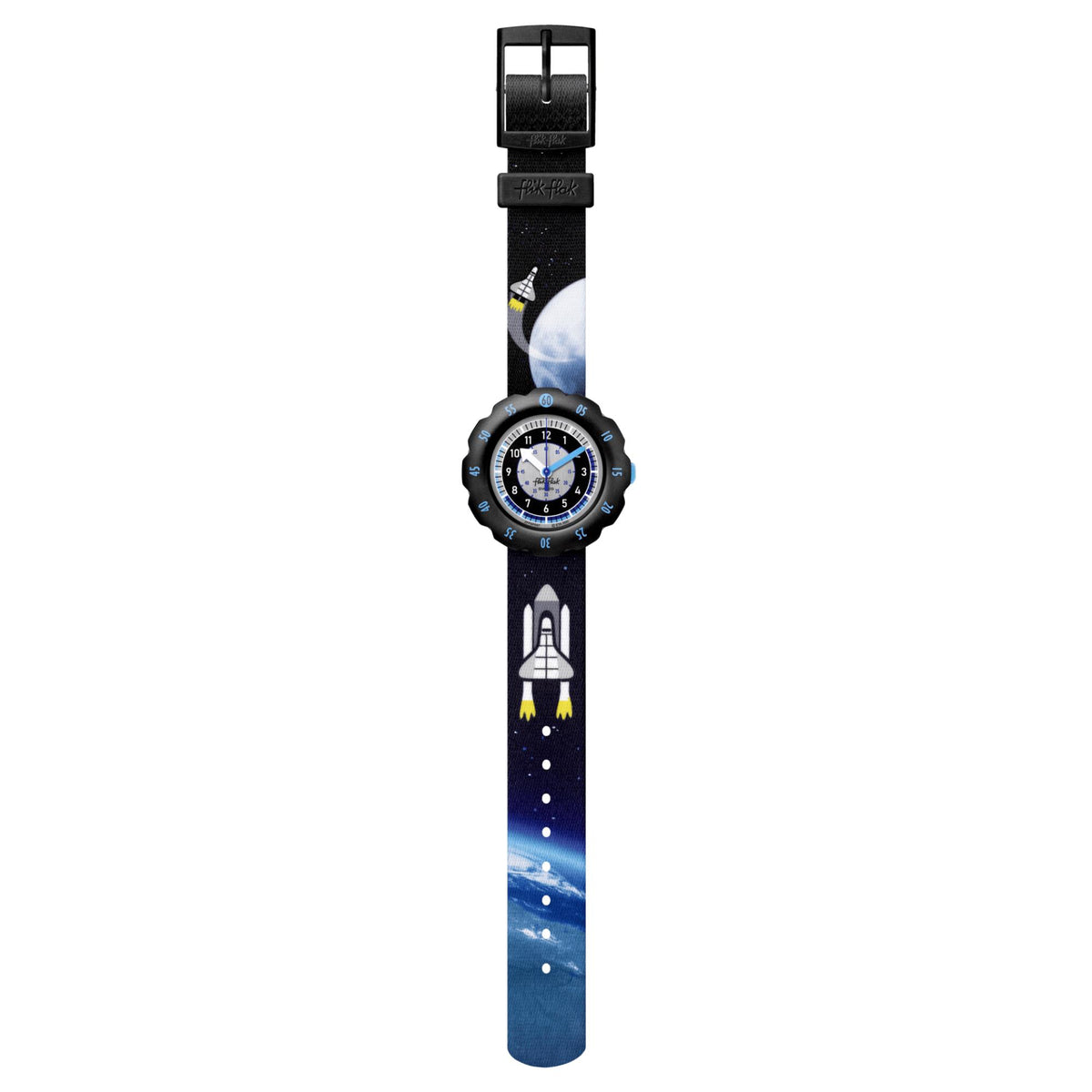 Flik Flak kids watch hanging on dark rocket-print strap, blue two-tone dial