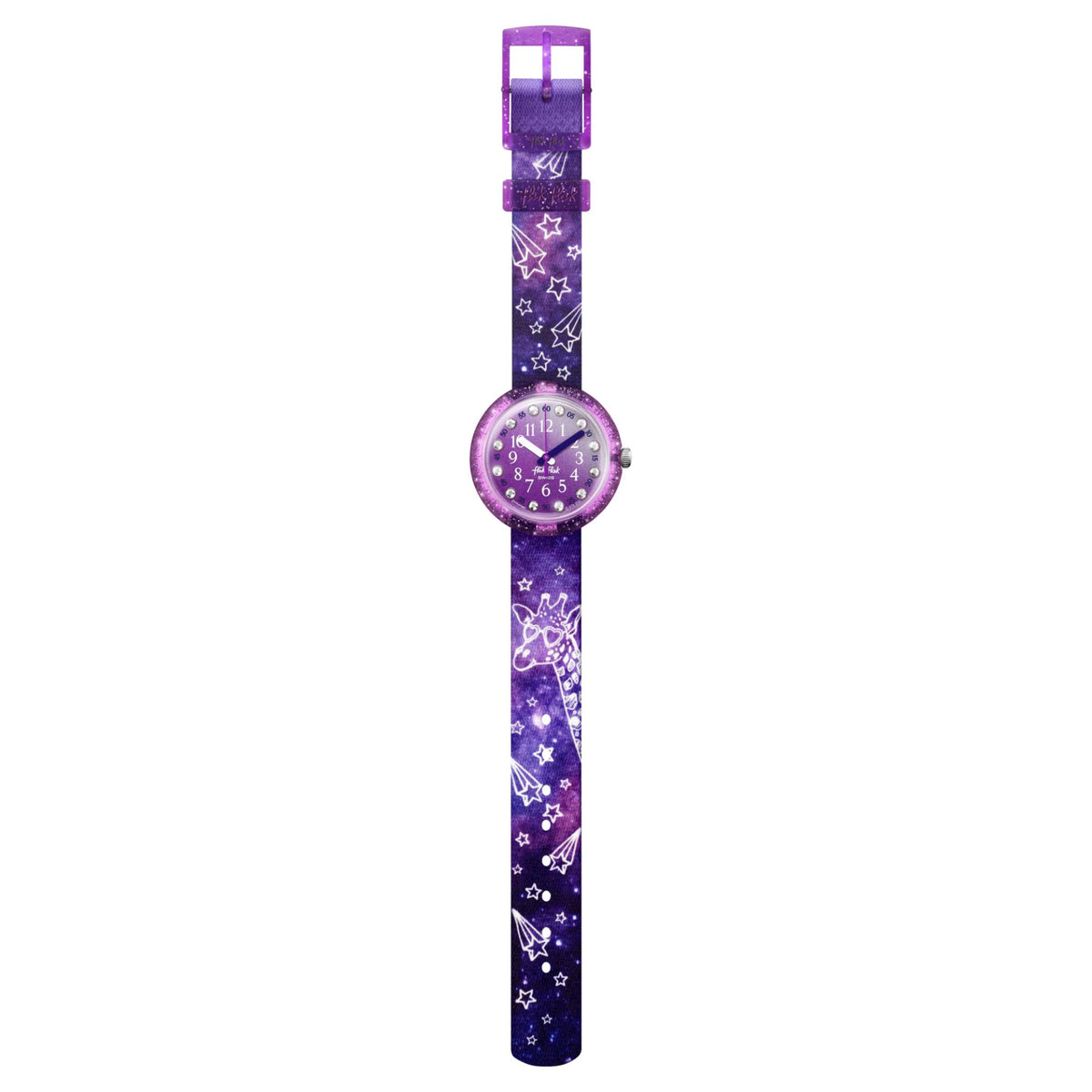 Purple kids quartz watch with purple star-pattern textile strap, shown from side on band.