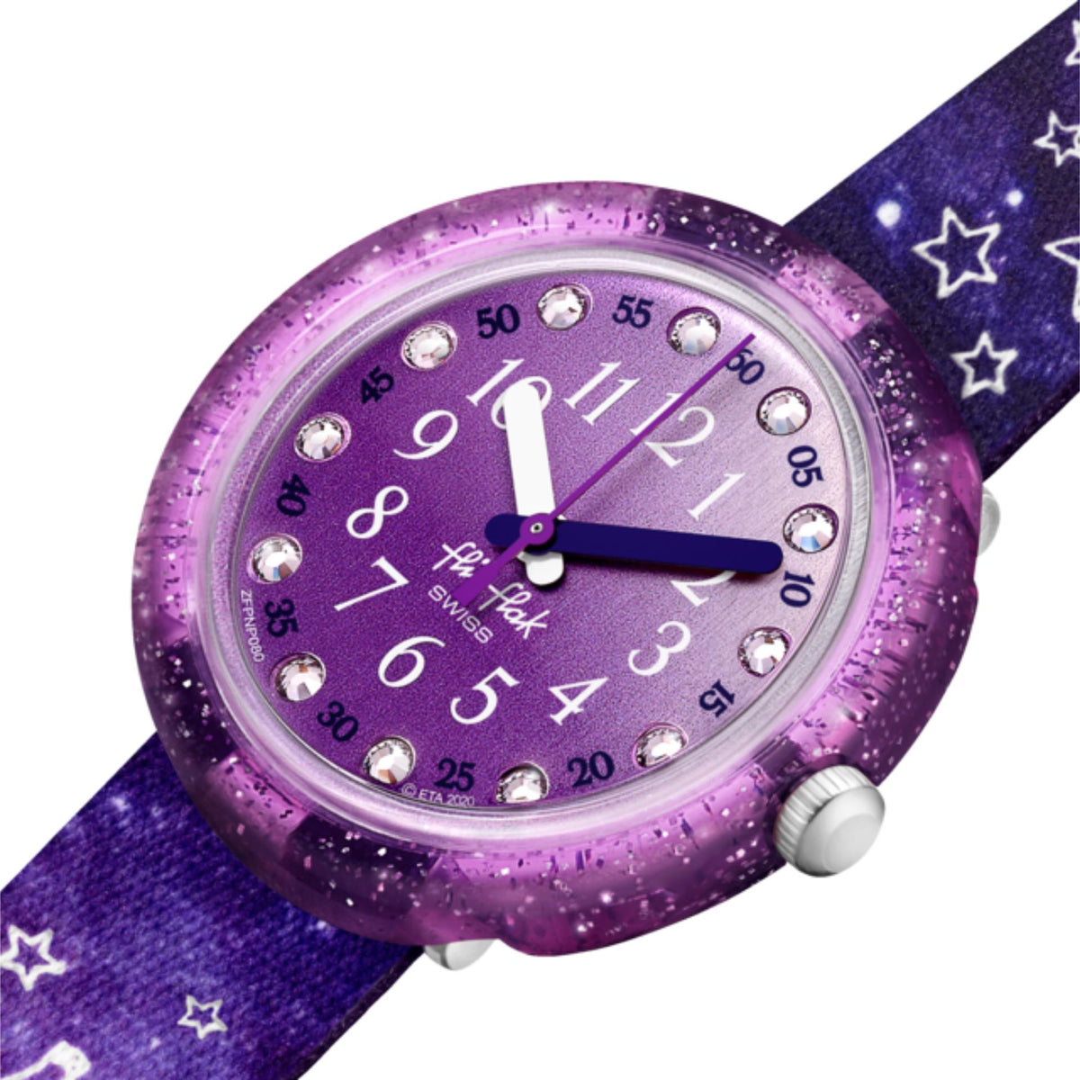 Close-up of purple dial kids quartz watch with silver bezel, markers, and star graphics.