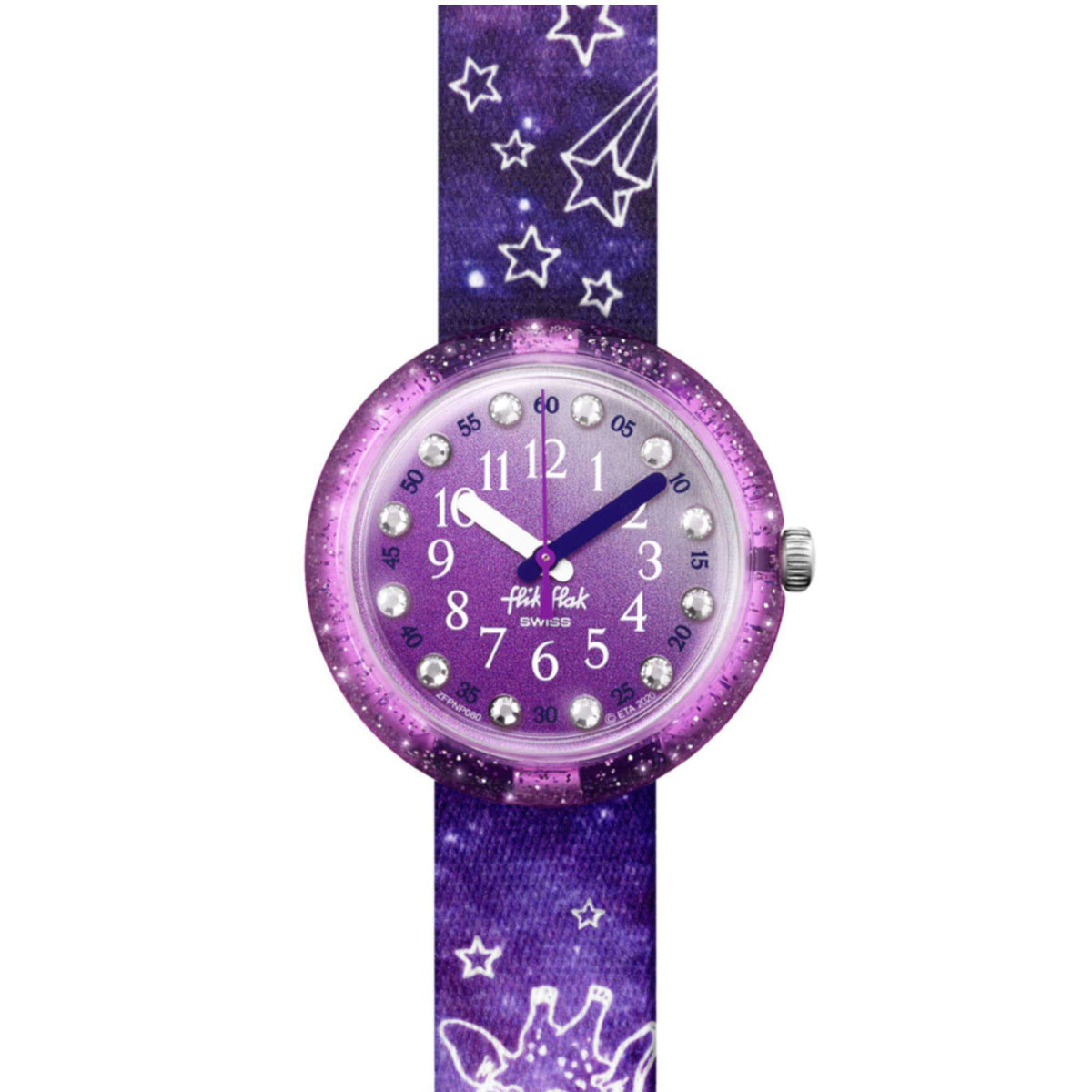 Kids purple quartz wristwatch with starry purple dial and purple textile strap, front view.