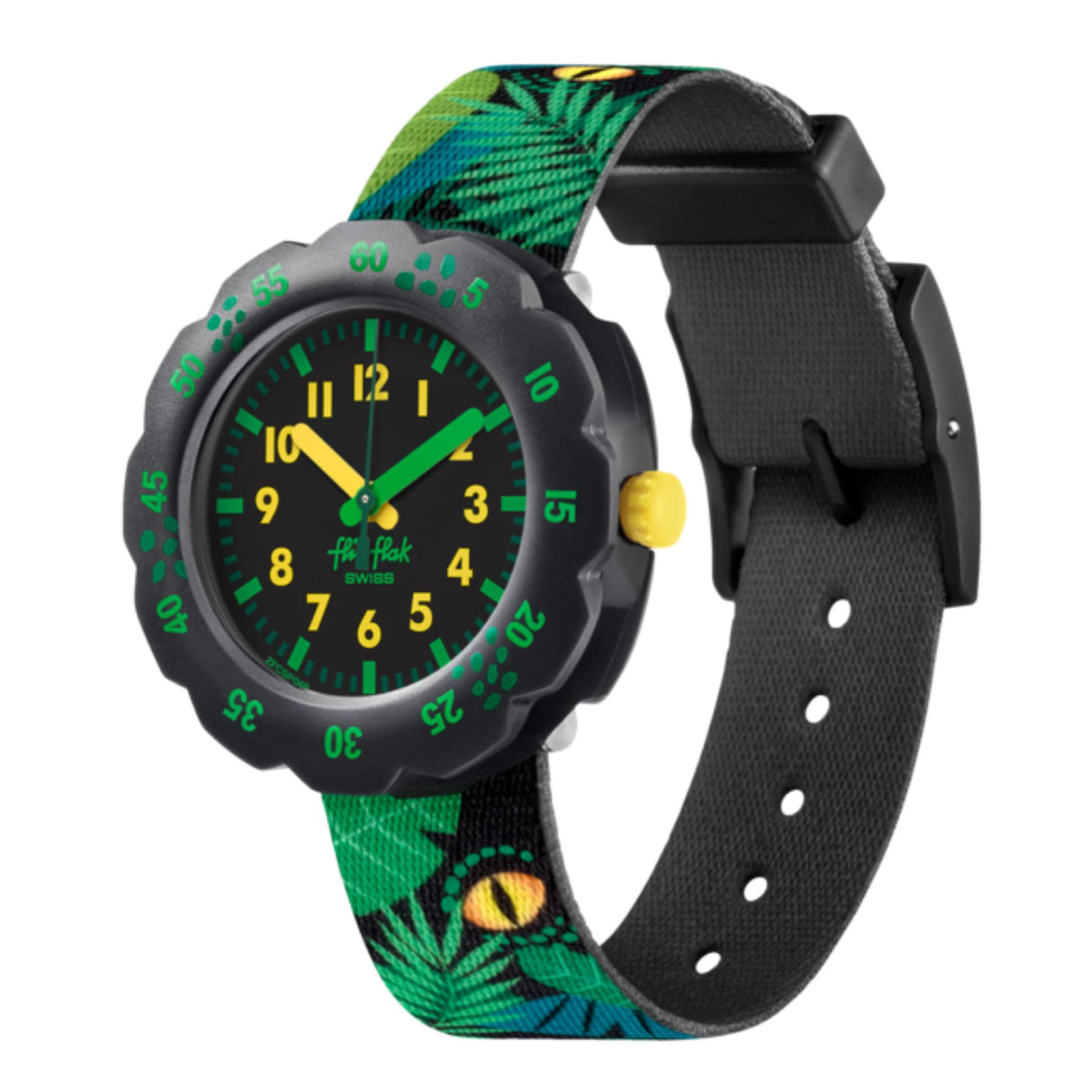 Wristwatch with black case, green leaf-pattern fabric strap, and black clasp on side