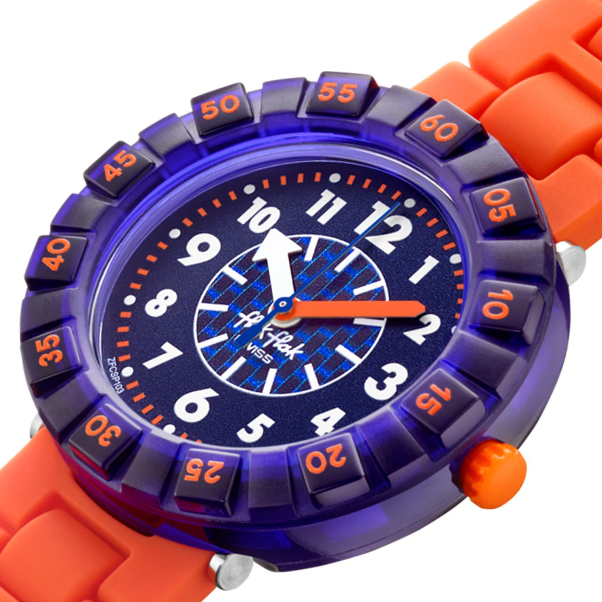 Children's watch close-up: dark blue dial, orange second hand, orange silicone strap