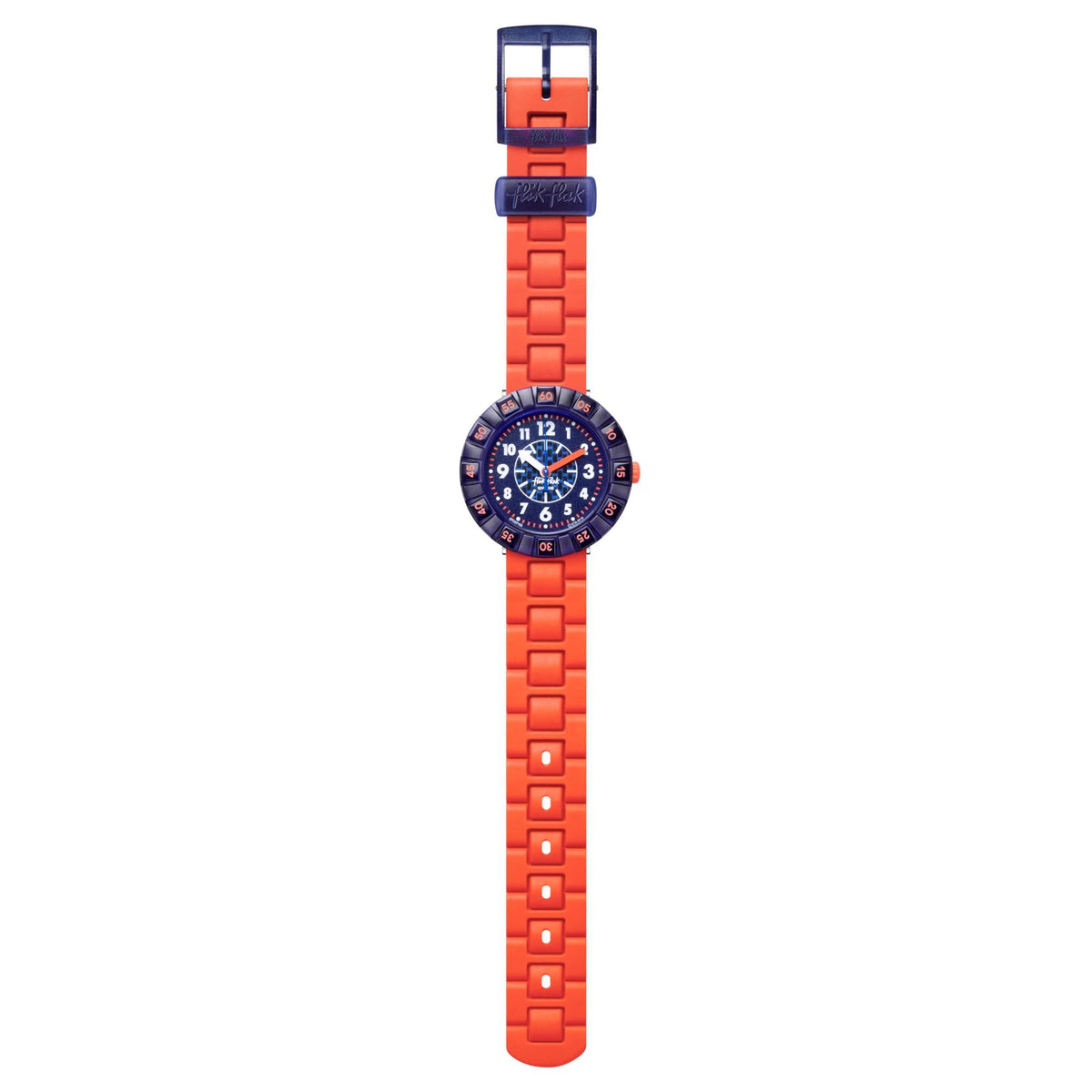 Children's wristwatch with orange silicone strap and round dark blue face with numbers