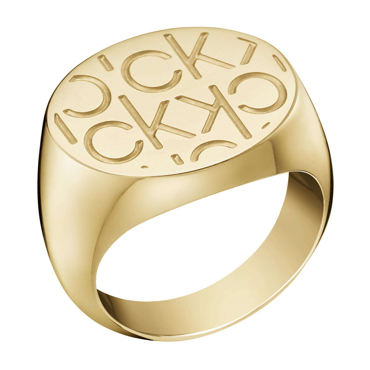 Gold-tone ring with embossed CK letters on oval top and wide band
